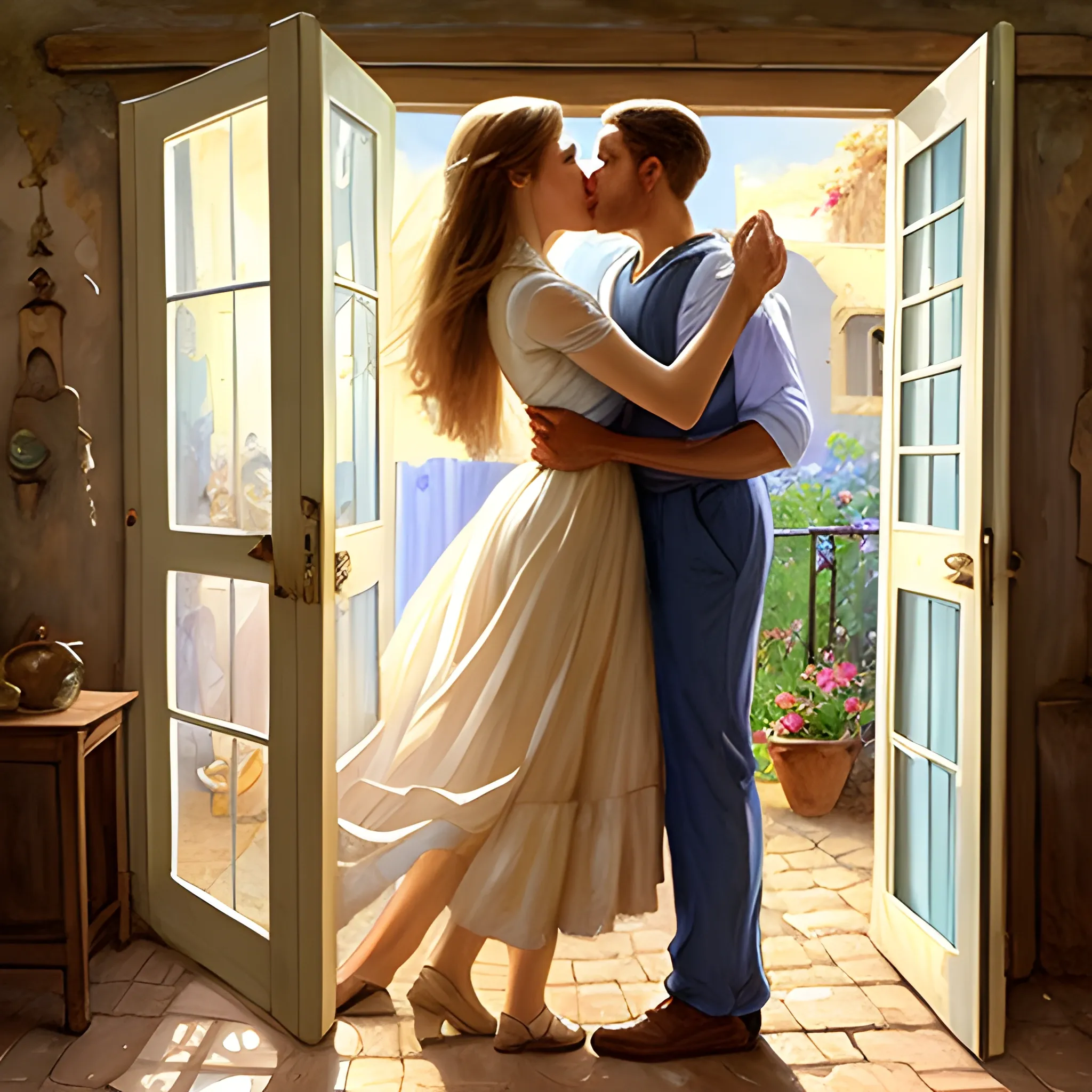 woman kissing man at a village, in front of an open door, Vladimir Volegov