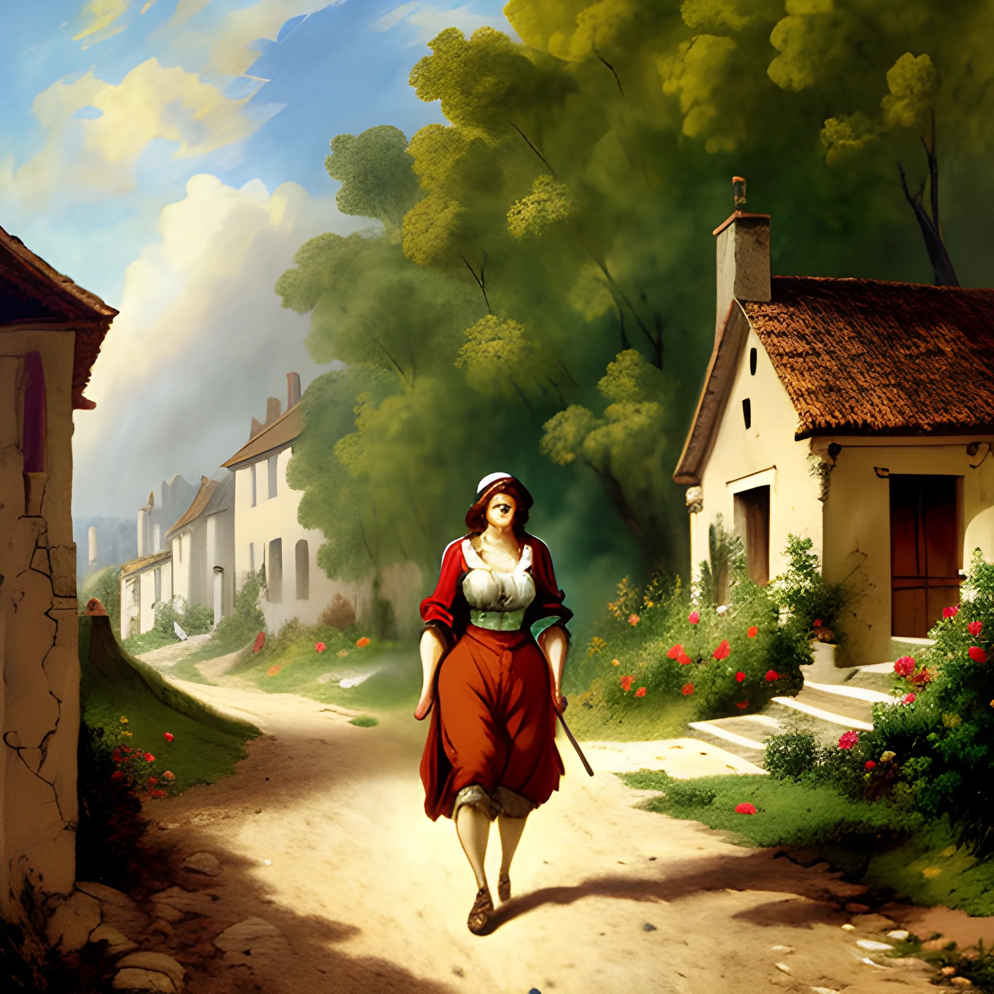 A detailed Eugène Delacroix art style, woman sad, small poor village, man walking to the house, 4K, high detailed, bold colours, 