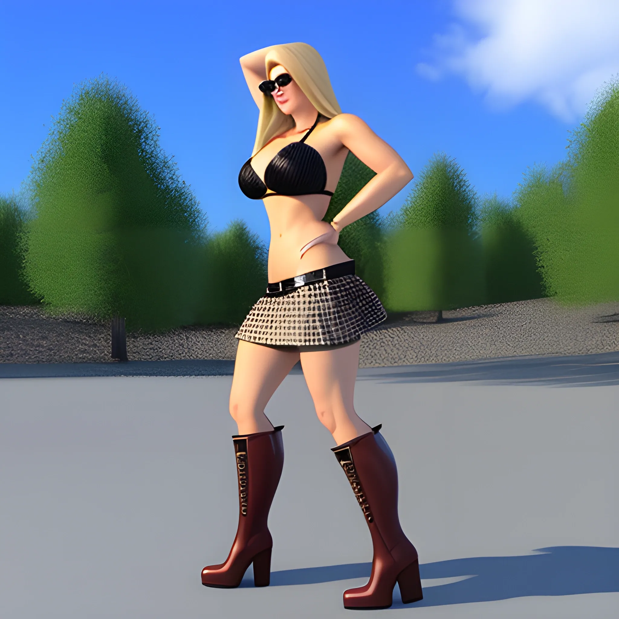 young girl , with high boots , wearing a short skirt and a tiny bikini, 3D, 3D