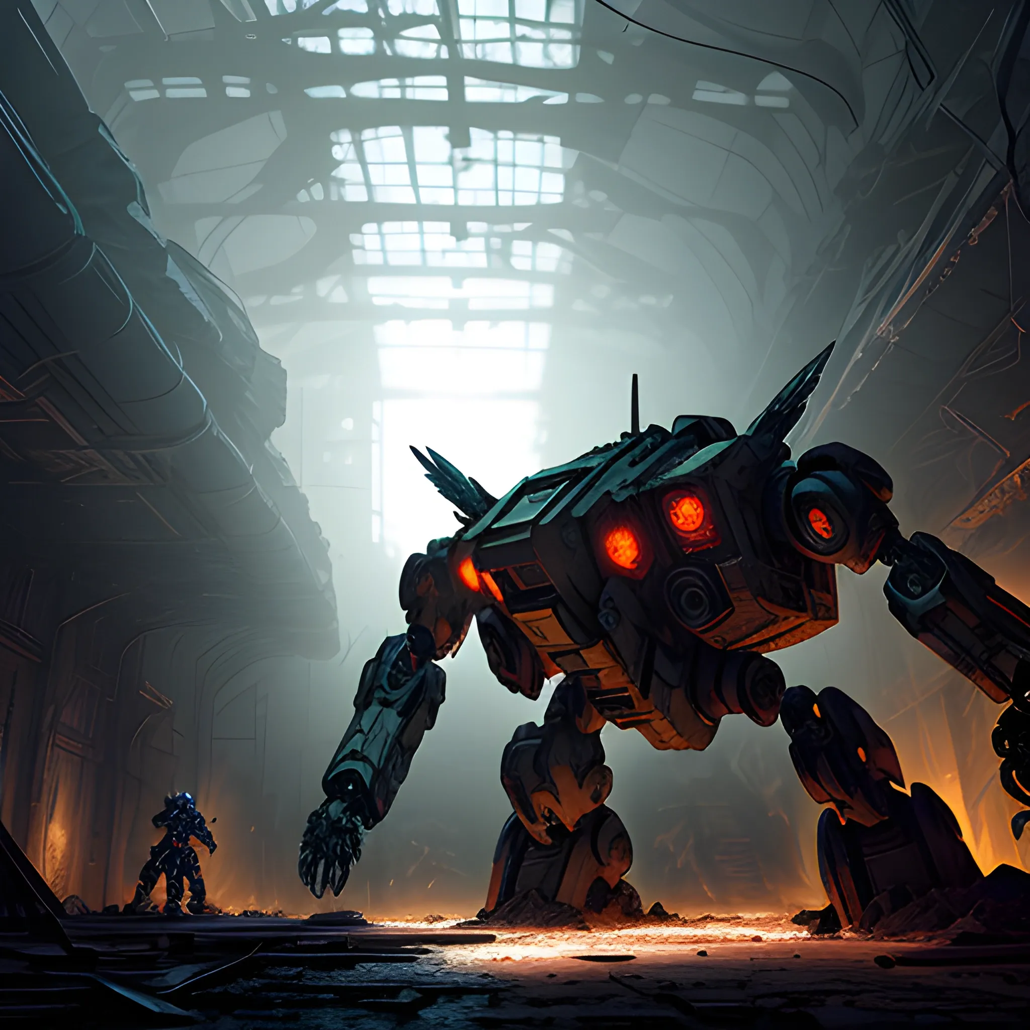 ancient abandoned crumbling scifi cavernous warehouse, stalactites, completely destroyed, dark fantasy, sparks, Broken Metal Gear Ray Inspired Mecha machine robot with glowing joints in the center of the warehouse, Artstation, dark and moody lighting, digital art, Similar to Abergavenny, Sid Mead inspired, gundam inspired, Dnd