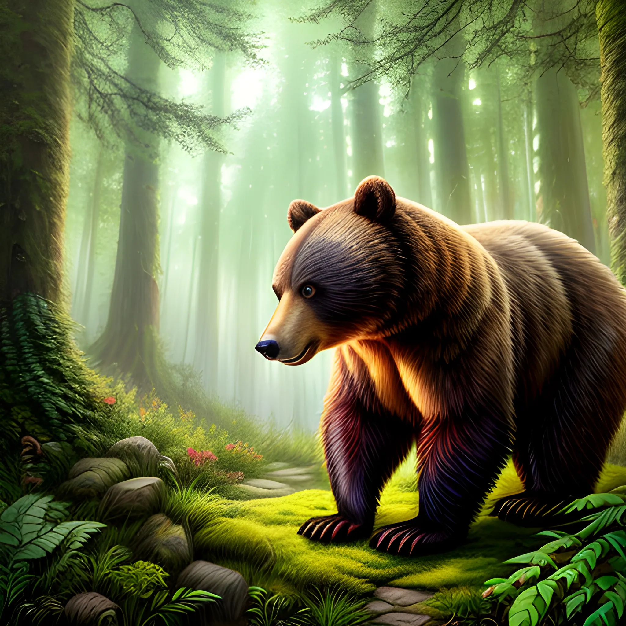 A photorealistic illustration depicting a baby bear in a magical enchanted forest. The illustration showcases the bear's adorable and innocent appearance, surrounded by vibrant and enchanting elements of the magical forest. The lighting in the scene adds a sense of wonder and mystery, with rays of sunlight filtering through the canopy of trees. The foliage and flora in the forest are depicted with rich colors and intricate details, creating a visually captivating environment. The illustration captures the emotions of the baby bear, evoking a sense of curiosity, vulnerability, and the desire to find its way back home., Cartoon