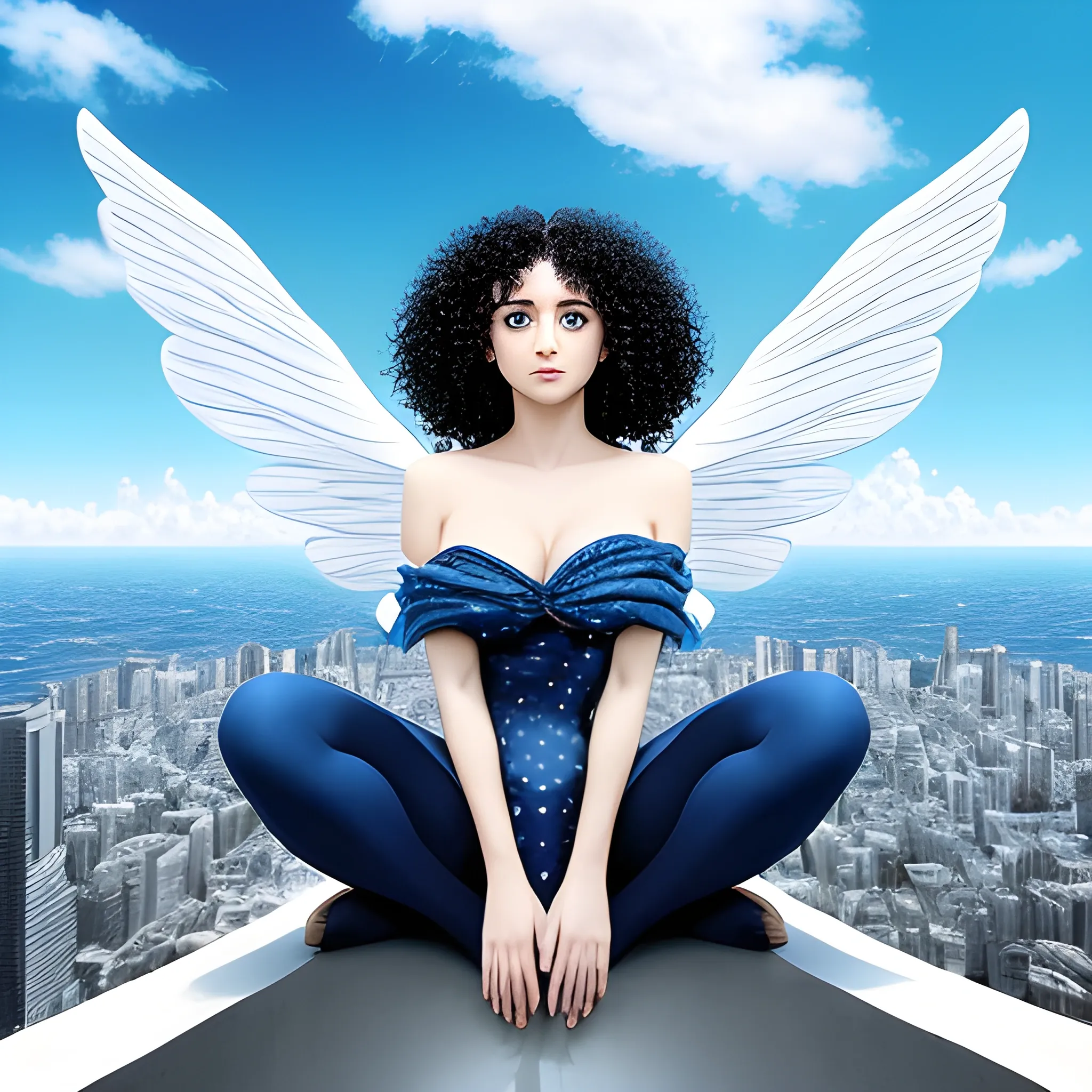 magine a strikingly beautiful woman with deep blue eyes and black curly hair cascading over her shoulders. She stares intently into the lens, capturing the attention of anyone who looks at her. Sitting on the ledge of a skyscraper, she appears to be both of this world and another, "as magnificent wings stretch out behind her". The sky behind her is a brilliant blue, dotted with white clouds. But what makes the scene truly magical are the whales and dolphins flying gracefully among the clouds, adding a touch of wonder and mystery to this already enchanting vision., 3D