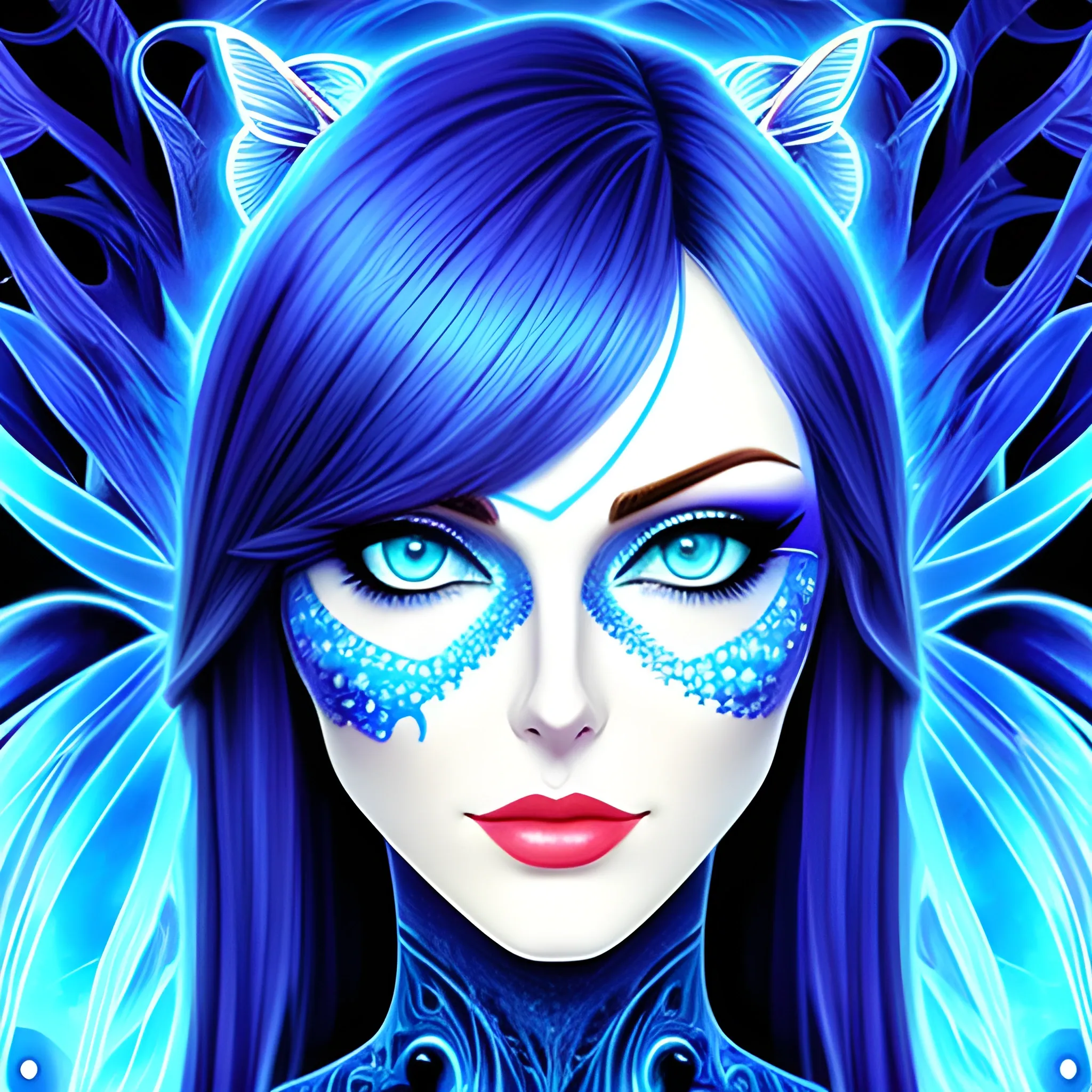 Beautiful girl with blue eyes, high detail, blue scene, hauntingly beautiful illustration, Trippy