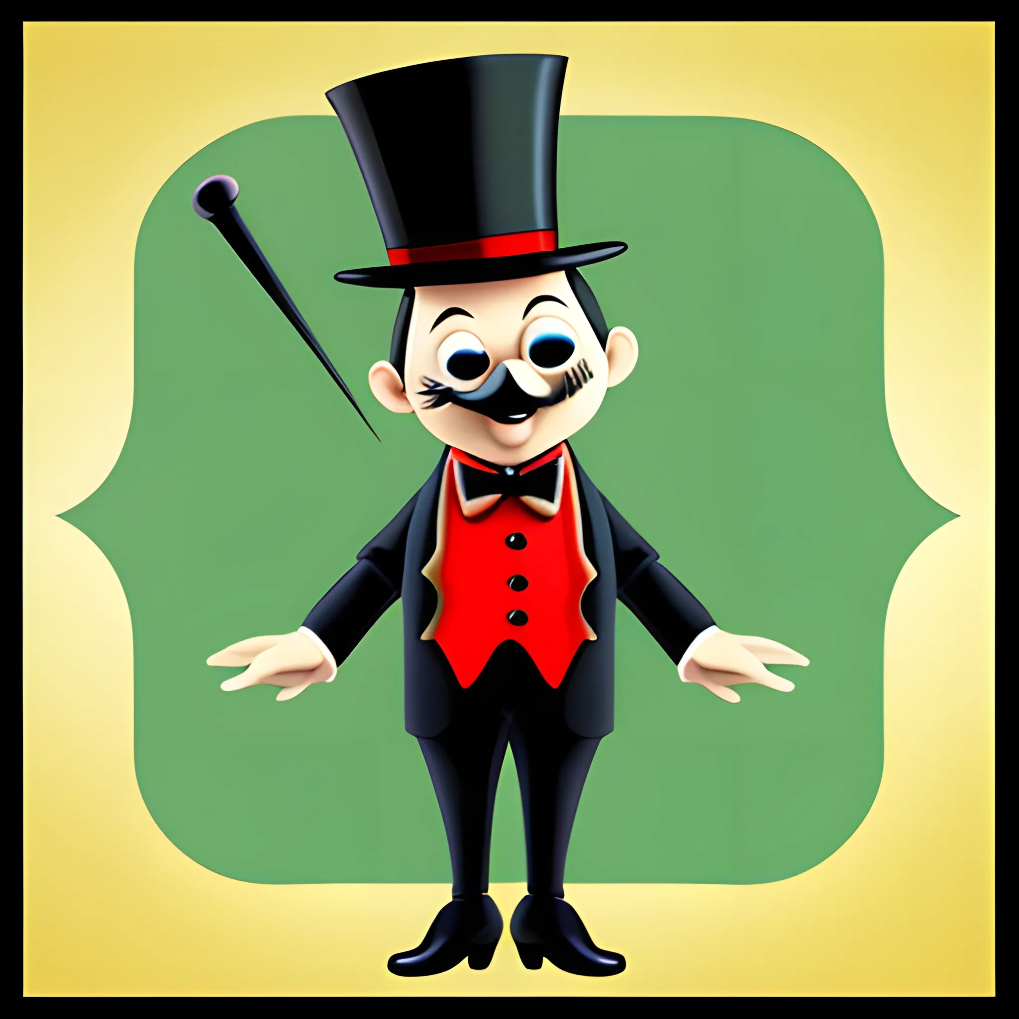 Jiminy Cricket from Pinocchio dressed as Mr. Monopoly. Disney like Cartoon, friendly, cute