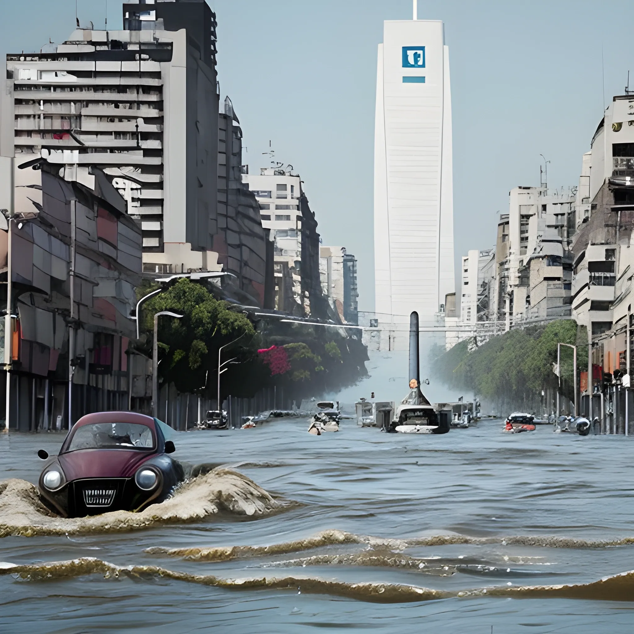 Año 2050. Ciudad de Buenos Aires. Avenida 9 de julio bajo el agua por una mega inundación producida por el incremento del nivel del mar tras la devastación del cambio climático. Imagen apocalíptica. Detalles realistas. Escena cinematográfica. Estilo Steven Spielberg. Alta definición. 4K