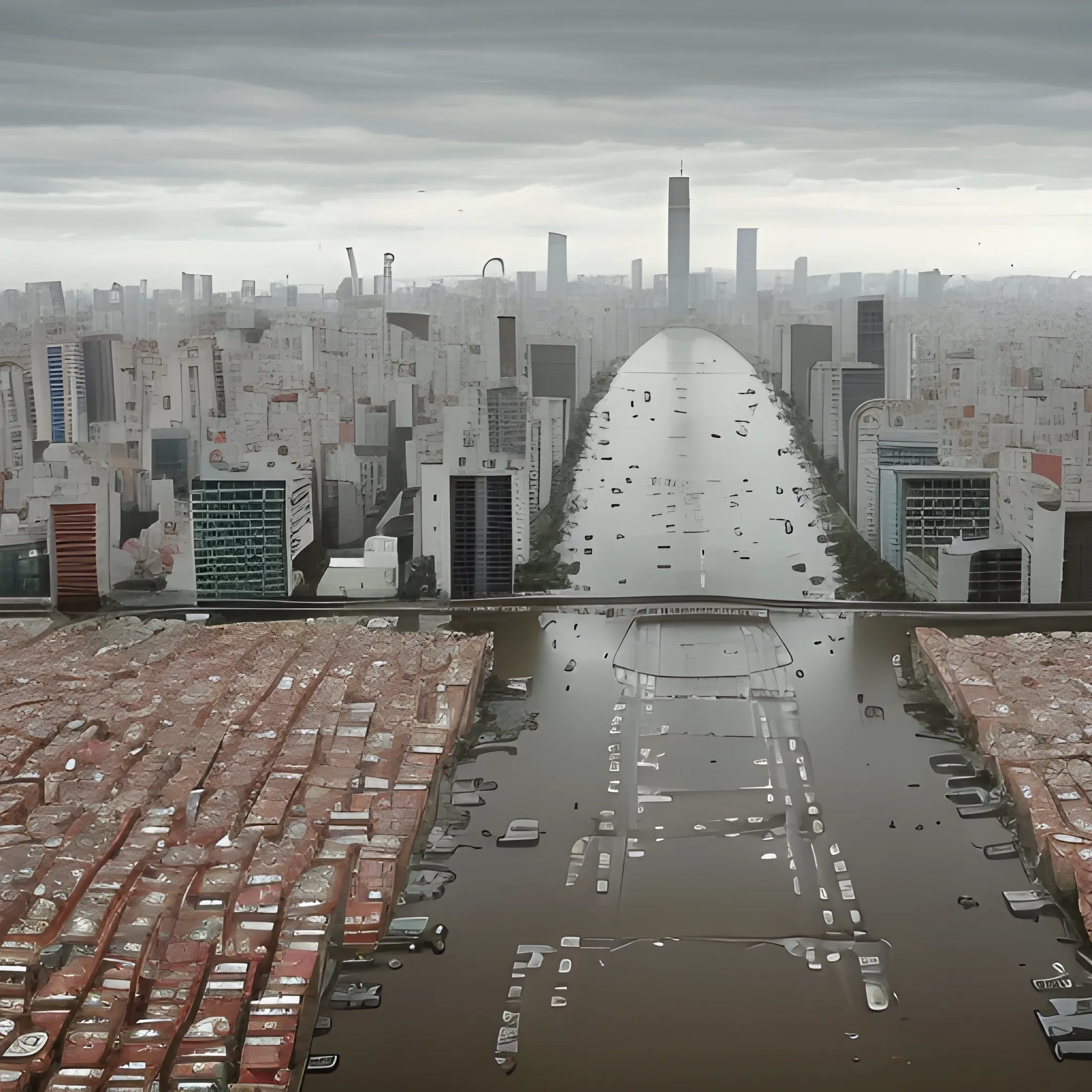 Año 2050. Ciudad de Buenos Aires. Avenida 9 de julio bajo el agua por una mega inundación producida por el incremento del nivel del mar tras la devastación del cambio climático. Imagen apocalíptica. Detalles realistas. Escena cinematográfica. Estilo Steven Spielberg. Alta definición. 4K