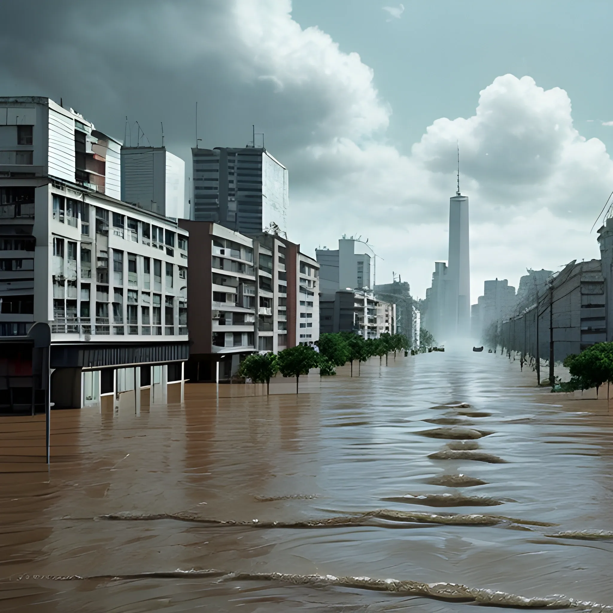 Año 2050. Ciudad de Buenos Aires. Avenida 9 de julio bajo el agua por una mega inundación producida por el incremento del nivel del mar tras la devastación del cambio climático. Vegetación muerta por el exceso de agua. Restos de casa flotando sobre el agua. Edificios abandonados. Imagen apocalíptica. Detalles realistas. Escena cinematográfica. Estilo Steven Spielberg. Alta definición. 4K