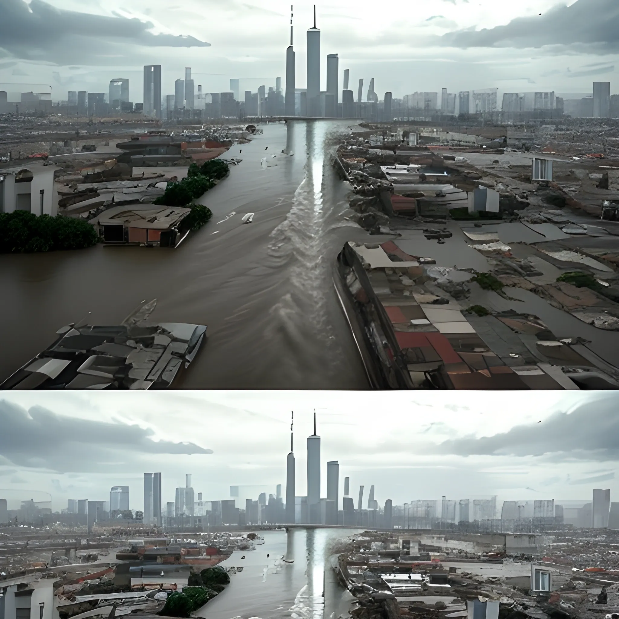 Año 2050. Ciudad de Buenos Aires. Avenida 9 de julio bajo el agua por una mega inundación producida por el incremento del nivel del mar tras la devastación del cambio climático. Vegetación muerta por el exceso de agua. Restos de casa flotando sobre el agua. Edificios abandonados. Imagen apocalíptica. Detalles realistas. Escena cinematográfica. Estilo Steven Spielberg. Alta definición. 4K