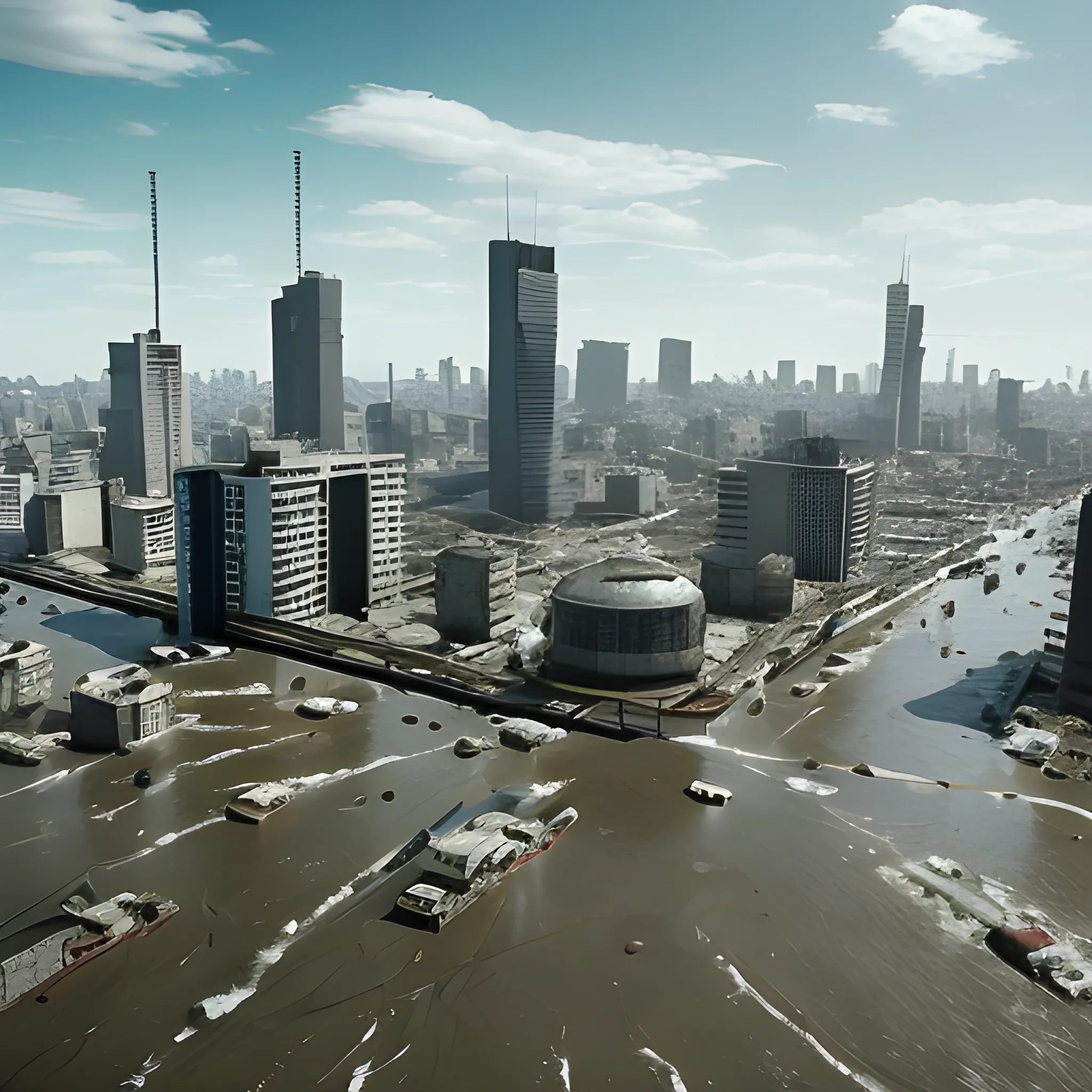 Año 2050. Ciudad de Buenos Aires. Avenida 9 de julio bajo el agua por una mega inundación producida por el incremento del nivel del mar tras la devastación del cambio climático. Vegetación muerta por el exceso de agua. Restos de casa flotando sobre el agua. Edificios abandonados. Imagen apocalíptica. Detalles realistas. Escena cinematográfica. Estilo Steven Spielberg. Alta definición. 4K