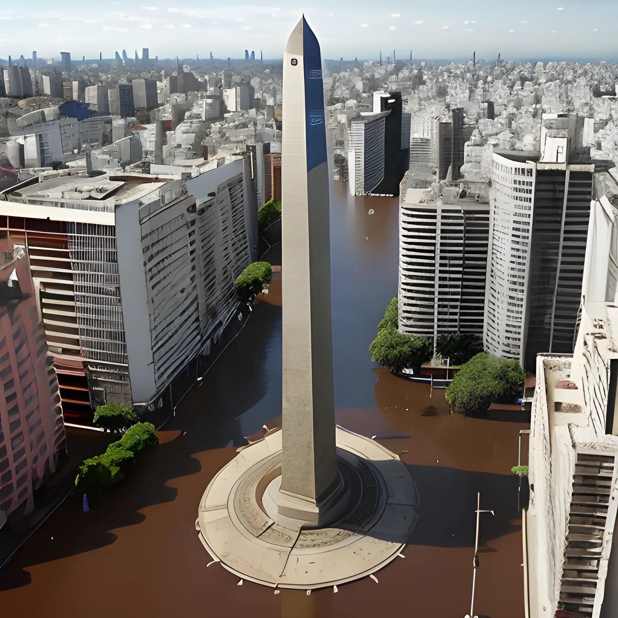 Año 2050. Ciudad de Buenos Aires. Avenida 9 de julio bajo el agua por una mega inundación producida por el incremento del nivel del mar tras la devastación del cambio climático. Vegetación muerta por el exceso de agua. Restos de casa flotando sobre el agua. Edificios abandonados. Imagen apocalíptica. Detalles realistas. Obelisco de Buenos Aires, Ministerio de Desarrollo Social de la Nación Argentina, Avenida 9 de Julio, Avenida Corrientes, Avenida de Mayo, Casa Rosada. Escena cinematográfica. Estilo Steven Spielberg. Alta definición. 4K