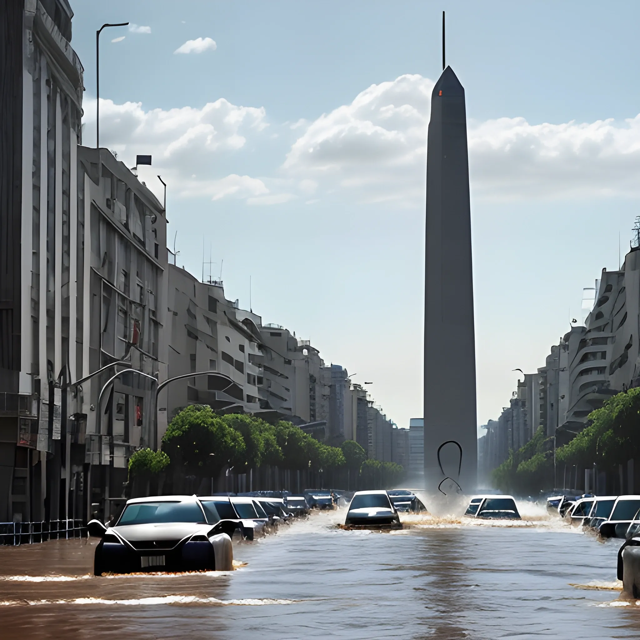 Año 2050. Ciudad de Buenos Aires. Avenida 9 de julio bajo el agua por una mega inundación producida por el incremento del nivel del mar tras la devastación del cambio climático. Vegetación muerta por el exceso de agua. Restos de casa flotando sobre el agua. Edificios abandonados. Imagen apocalíptica. Detalles realistas. Obelisco de Buenos Aires, Ministerio de Desarrollo Social de la Nación Argentina, Avenida 9 de Julio, Avenida Corrientes, Avenida de Mayo, Casa Rosada. Mc Donald's. Escena cinematográfica. Estilo Steven Spielberg. Alta definición. 4K