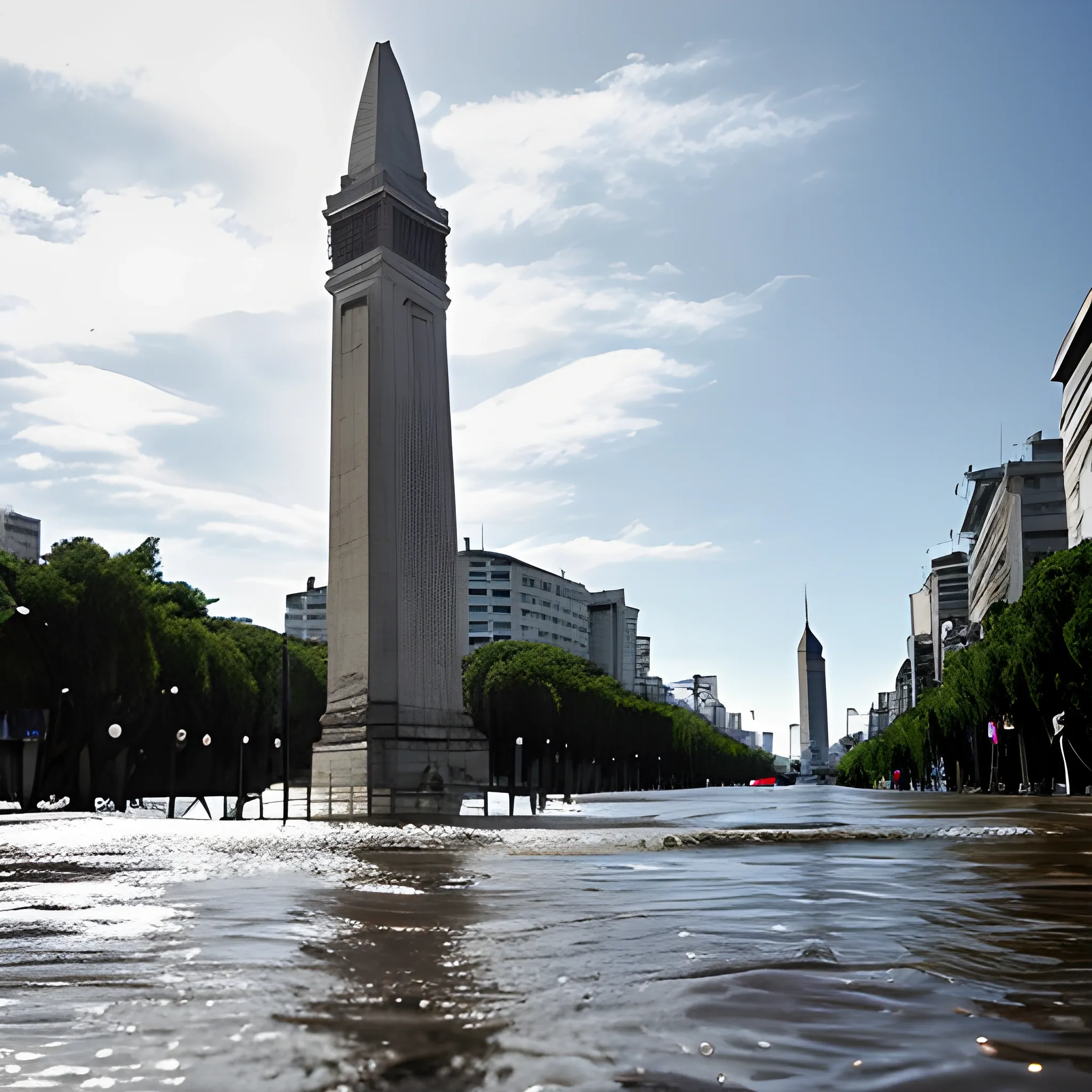 Año 2050. Ciudad de Buenos Aires. Avenida 9 de julio bajo el agua por una mega inundación producida por el incremento del nivel del mar tras la devastación del cambio climático. Vegetación muerta por el exceso de agua. Restos de casa flotando sobre el agua. Edificios abandonados. Imagen apocalíptica. Detalles realistas. Obelisco de Buenos Aires, Ministerio de Desarrollo Social de la Nación Argentina, Avenida 9 de Julio, Avenida Corrientes, Avenida de Mayo, Casa Rosada. Mc Donald's. Escena cinematográfica. Estilo Steven Spielberg. Alta definición. 4K