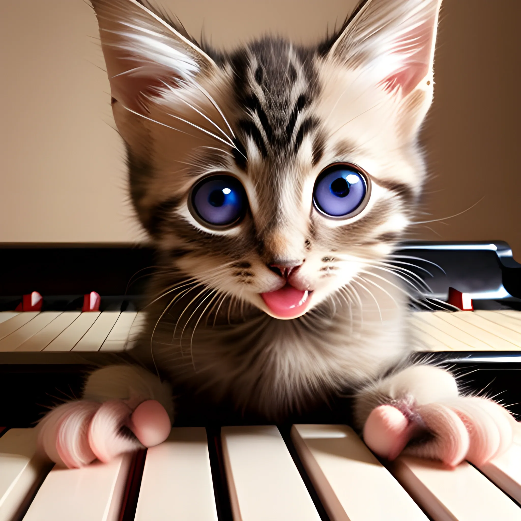 kitten with large eyes playing chopsticks on the piano