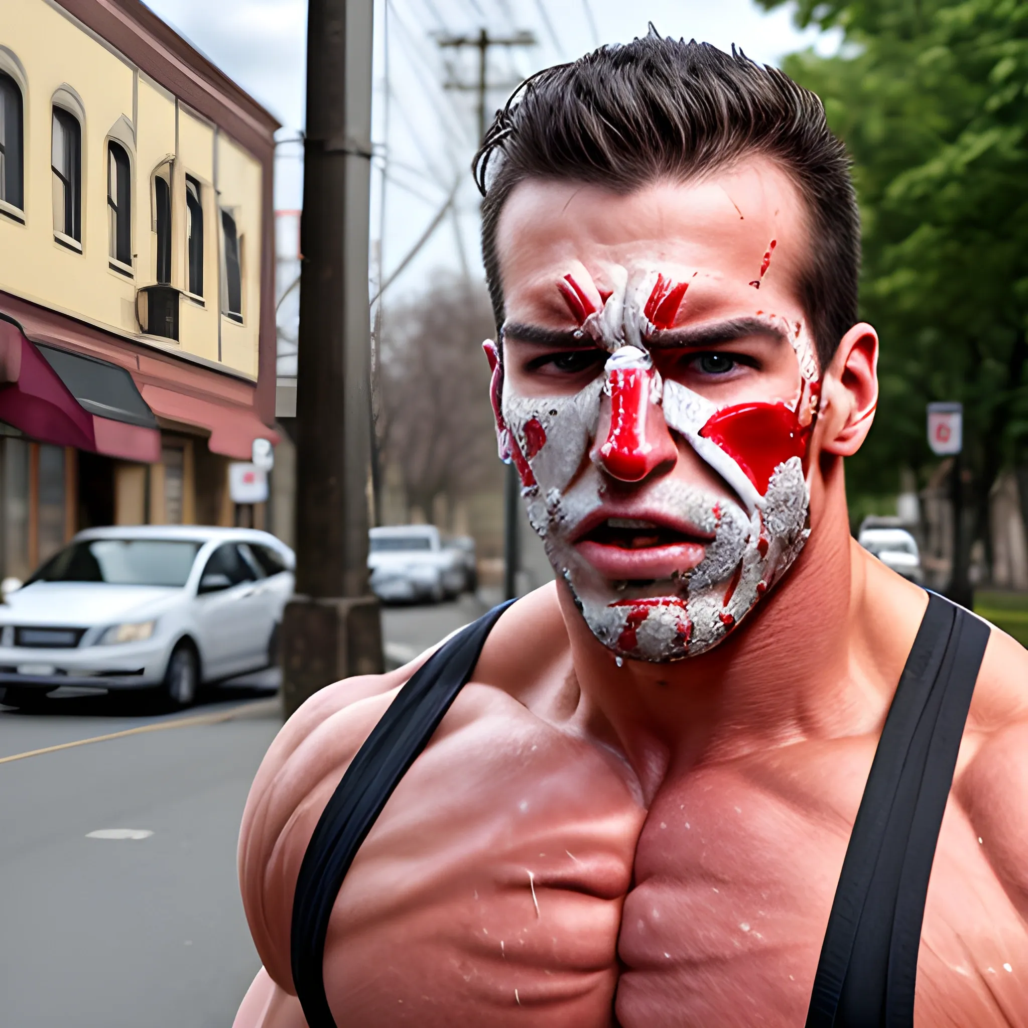 male, very muscular, smashed face first into a telephone pole 