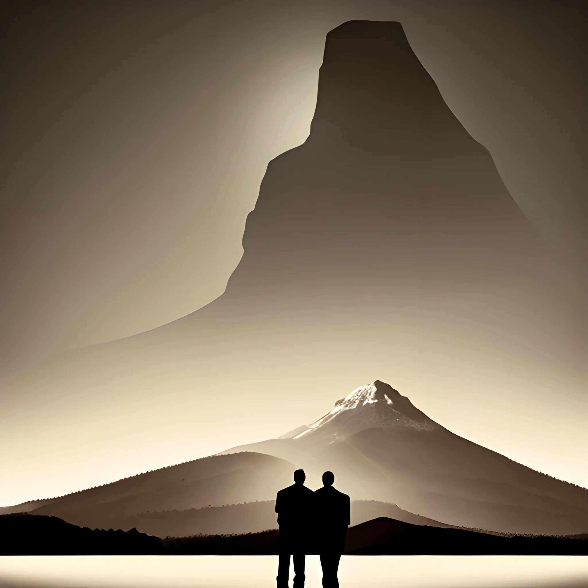 The silhouette of a man and a mountain, with the man looking at the mountain.