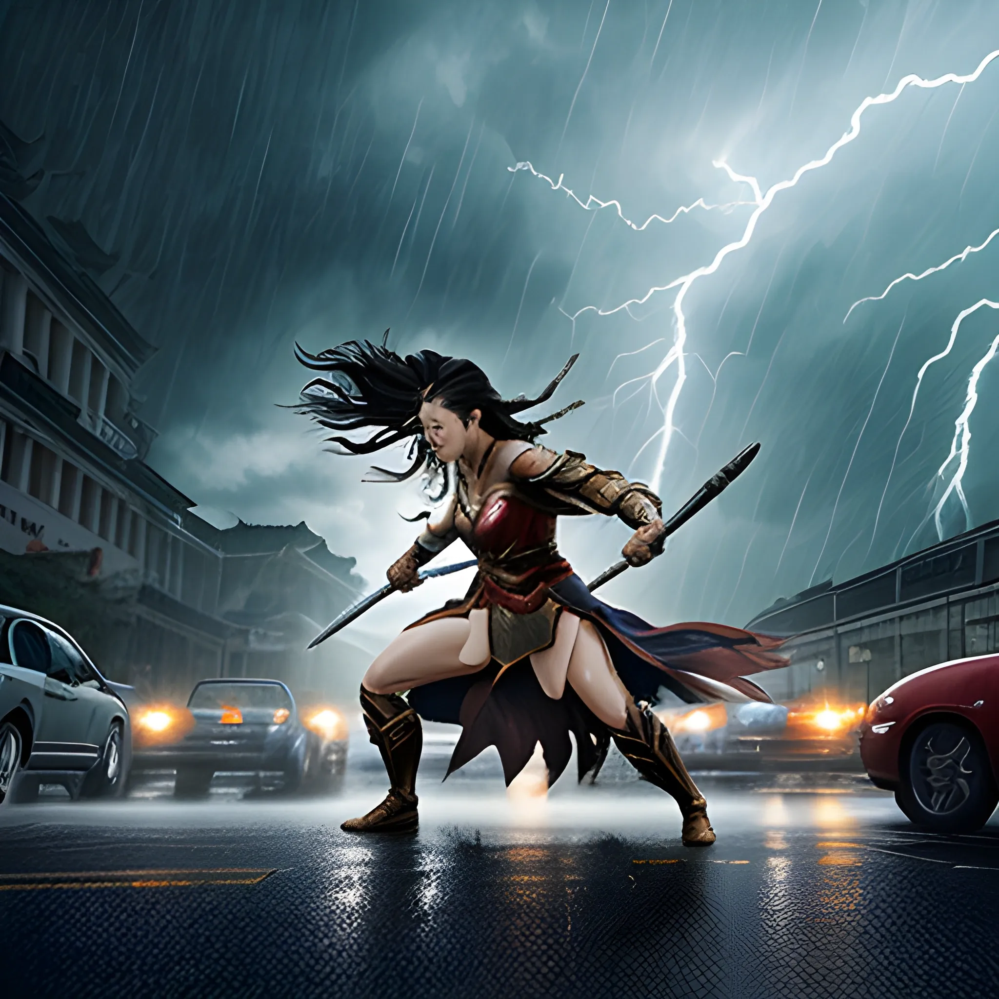 (The Legend of the Condor Heroes Guo Jing battle against Marvel Wonder Woman1.2）， lightning and thunder, dark clouds and torrential rain, in the middle of the night, in the middle of the street, zhangyimou film "shadow" style, realistic, photographic