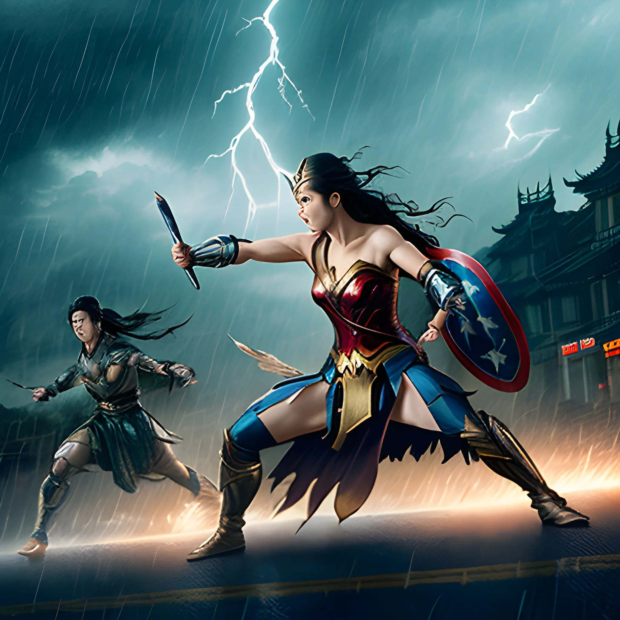 (The Legend of the Condor Heroes Guo Jing battle against Marvel Wonder Woman1.2）， lightning and thunder, dark clouds and torrential rain, in the middle of the night, in the middle of the street, zhangyimou film "shadow" style, realistic, photographic