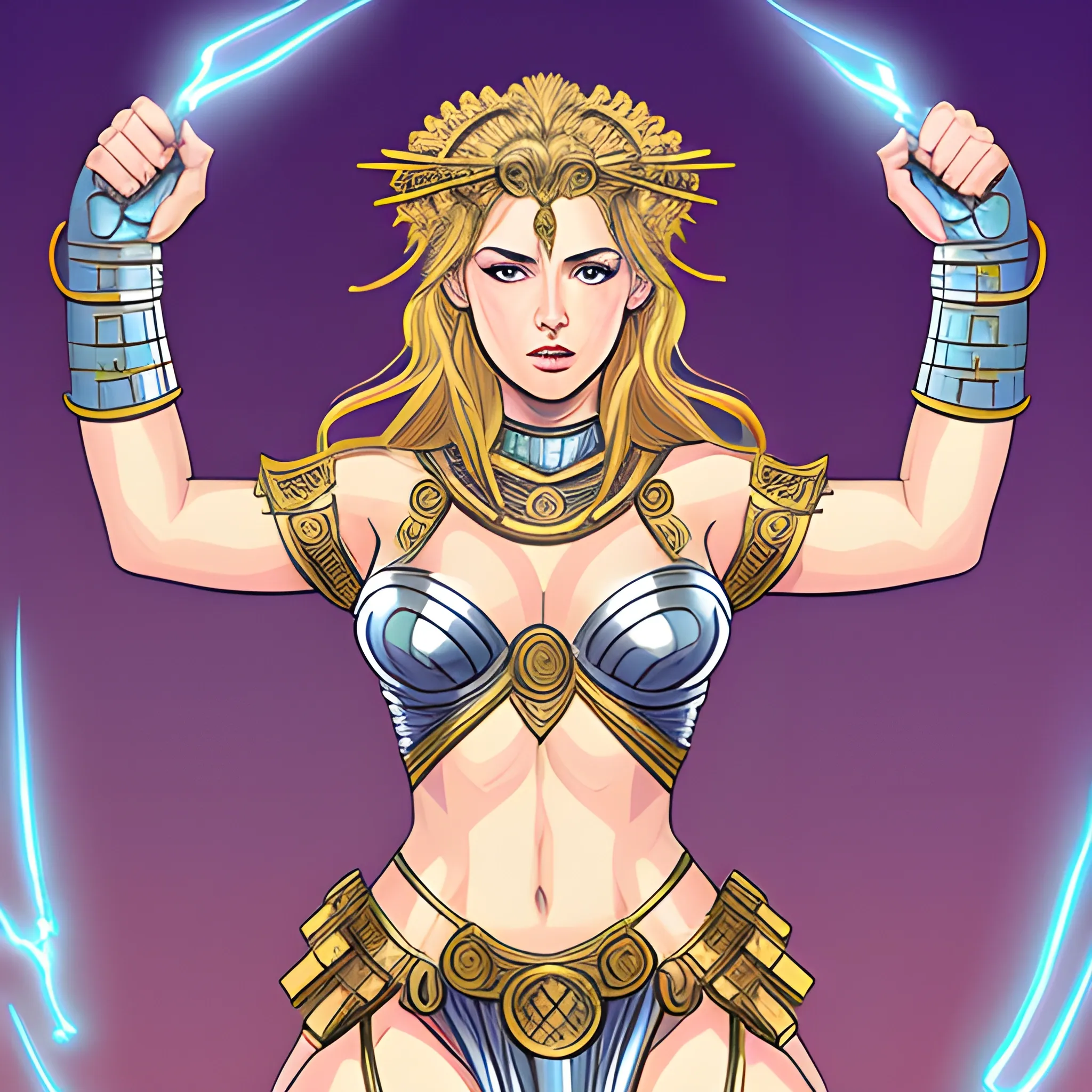 scantily clad female, in the style of energy-filled illustrations, greek goddess, mythic, adamantium armor