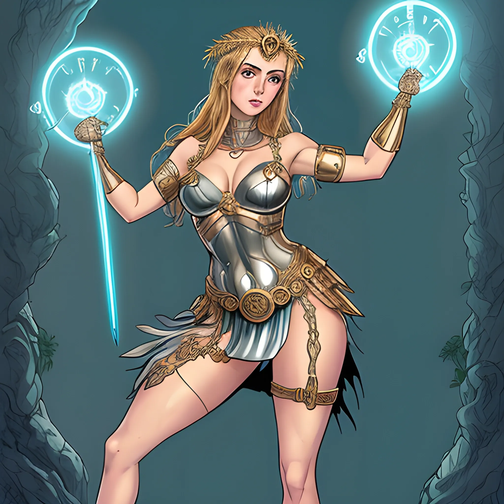 scantily clad female, in the style of energy-filled illustrations, greek goddess, mythic, revealing adamantium armor