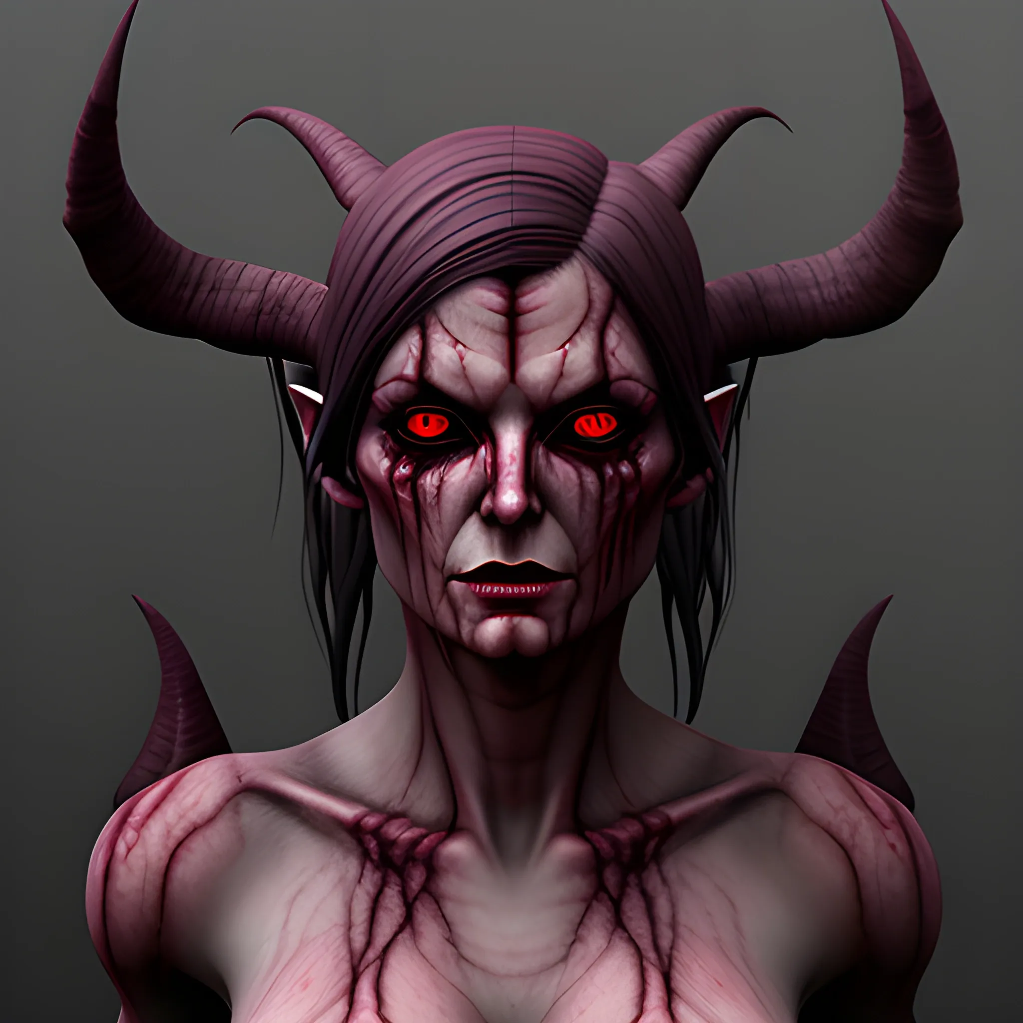 , 3D, create a mix between a human and Lilith the first demon, realistic, modern, evil, horror, bloody