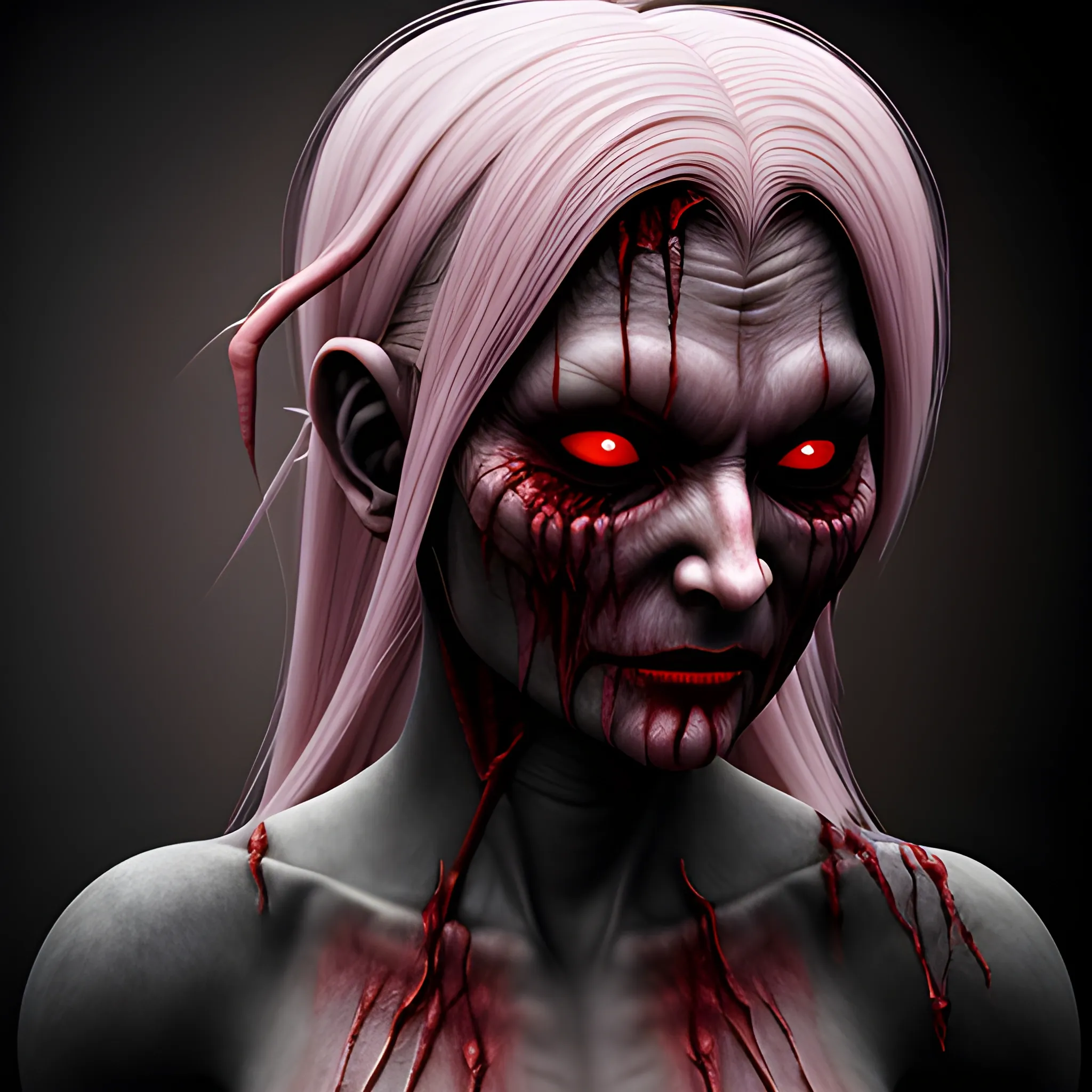 , 3D, create a mix between a human and Lilith the first demon, realistic, evil, horror, bloody