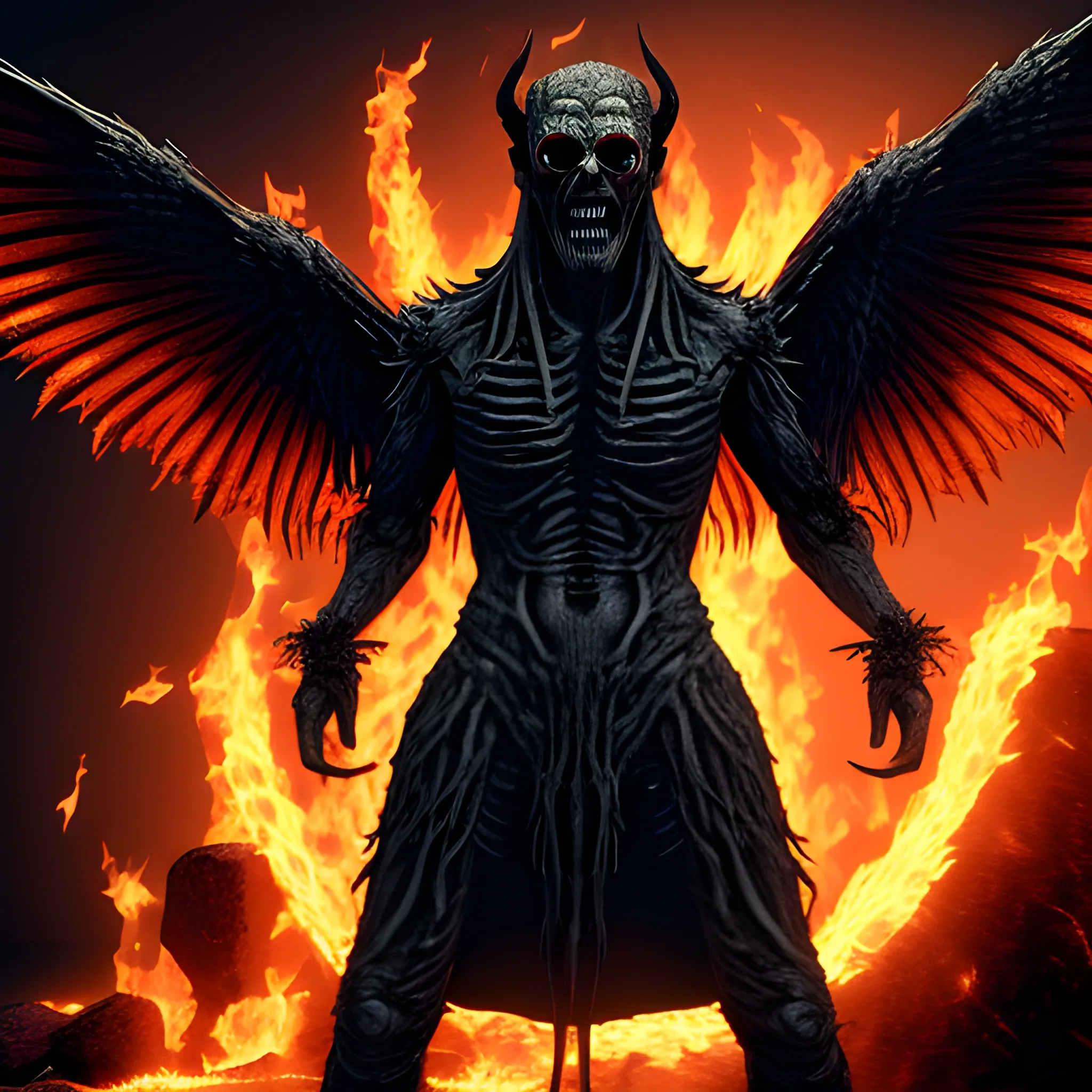 , 3D, sohn of Satan what he have with a human woman, realistic, horror, angry, wings, fire, killing, +18, full body