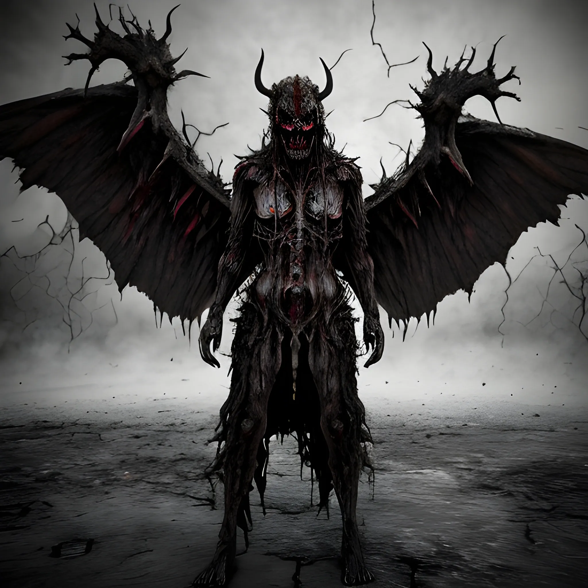 , 3D, sohn of Satan what he have with a human woman, realistic, horror, angry, wings, hell, killing, +18, full body, apocalyps