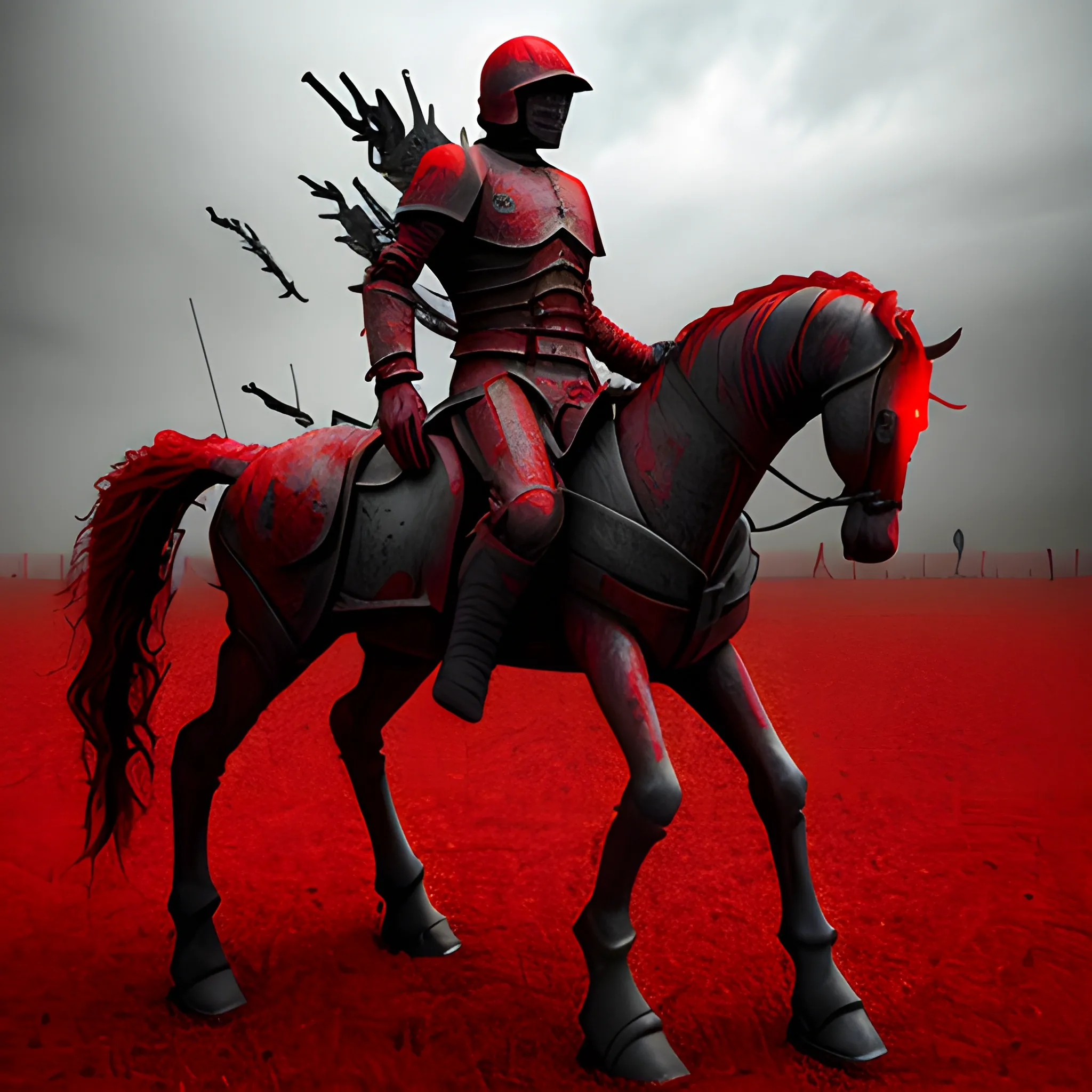 , 3D, Red Horseman of the Apocalypse, on the field of war, realistic, horror, death people, +18, nuclear war