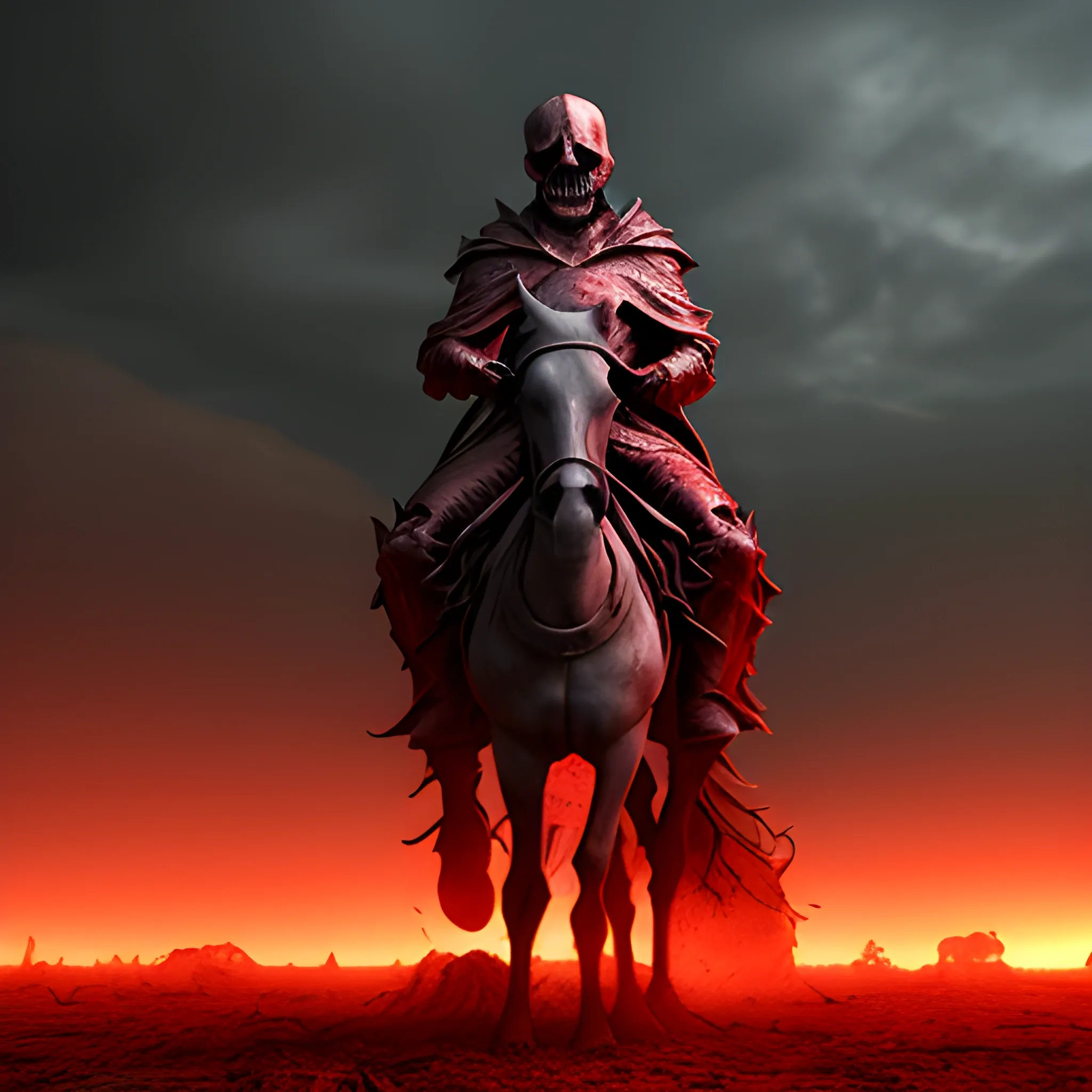 , 3D, Red Horseman of the Apocalypse, realistic, horror, death people, +18, nuclear war