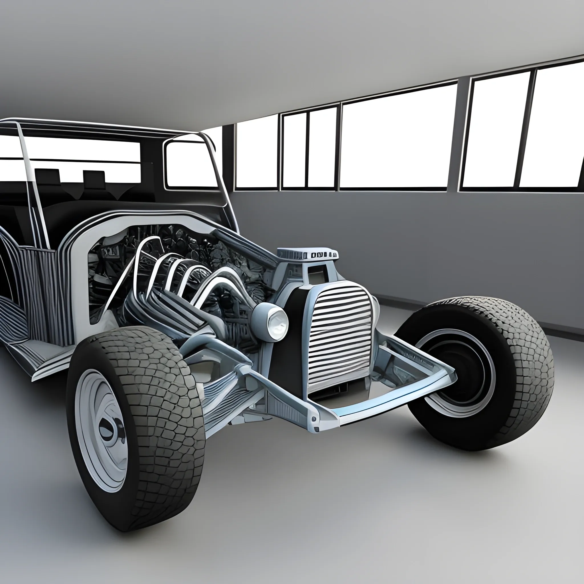 The image depicts a car. The car's interior has been removed, leaving behind a clear view of the chassis or skeletal framework. The front end showcases the engine bay and the front suspension system, commonly referred to as the "front axle." 

The most important is that the image does not have anything inside the car, just the internal engine components wheels, breaks, and nothing else

, 3D, 3D