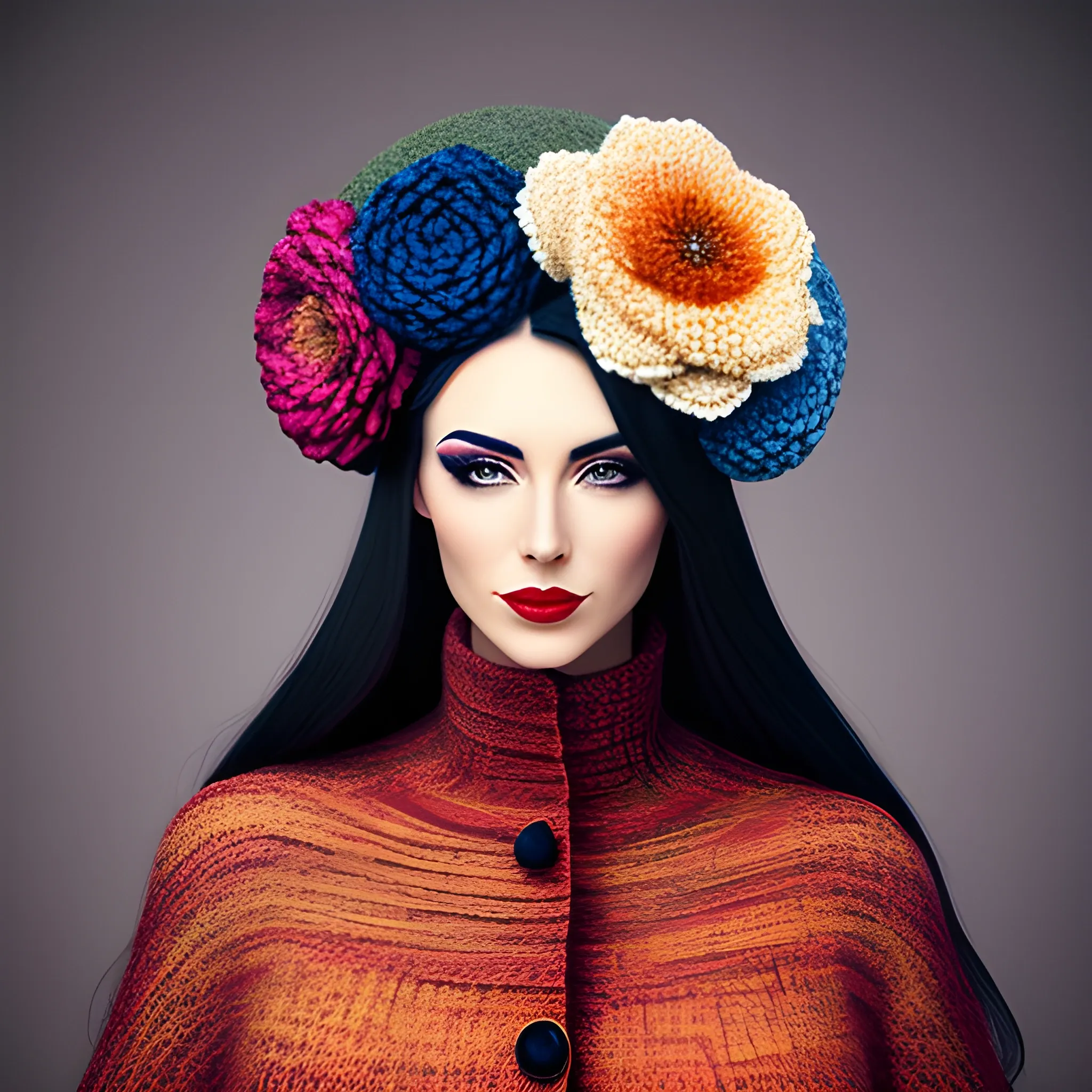 Portrait of a beautiful girl in a very large wool coat knitted with an abstract pattern and a large flower on her head, photography style