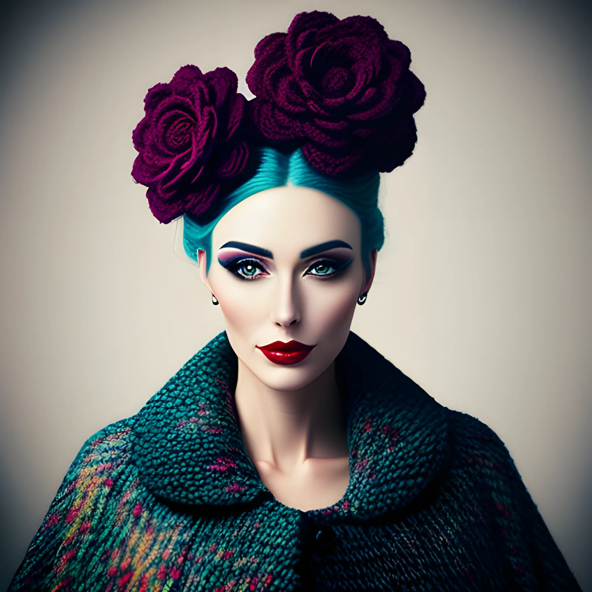 Portrait of a beautiful girl in a very large wool coat knitted with an abstract pattern and a large flower on her head, photography style