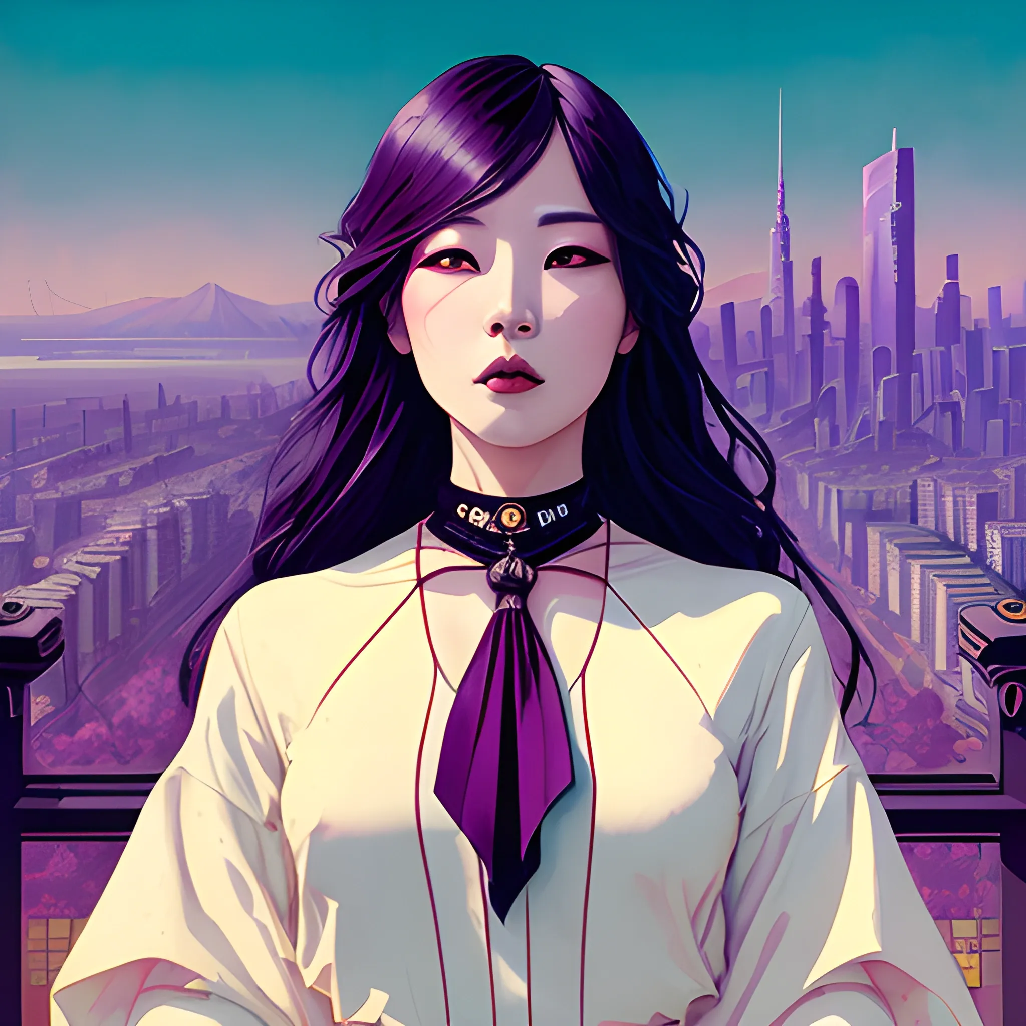 Art Nouveau painting, SYNTHWAVE colors,  true aesthetics, stylish fashion shot of a beautiful korean woman posing in front of a psychedelic art nouveau style. gothic style korean female, full figure, fit, ellegant tight white shirts, ties, miniskirts,  legs,  choker, long hair, classy,  beautiful faces, manga eyes, open mouth, postapocaliptic city in the background, art by Greg Rutkowski, acrylic, high contrast, colorful polychromatic, ultra detailed, ultra quality, CGSocietyHighly detailed, highest quality