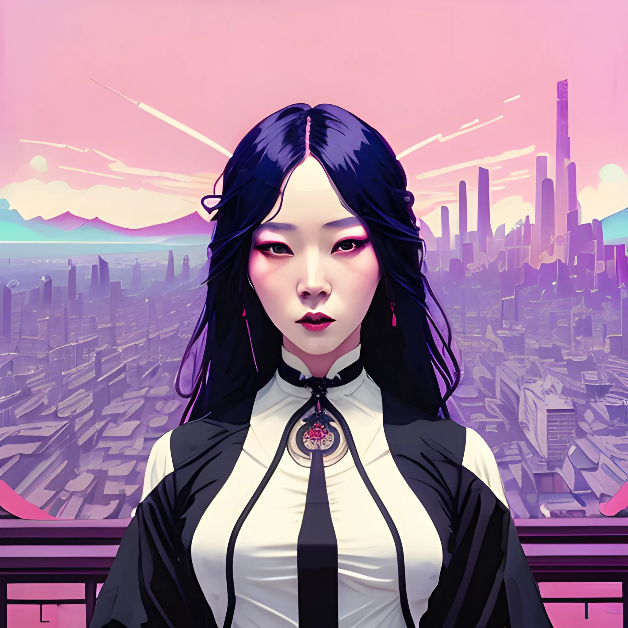 Art Nouveau painting, SYNTHWAVE colors,  true aesthetics, stylish fashion shot of a beautiful korean woman posing in front of a psychedelic art nouveau style. gothic style korean female, full figure, fit, ellegant tight white shirts, ties, miniskirts,  legs,  choker, long hair, classy,  beautiful faces, manga eyes, open mouth, postapocaliptic city in the background, art by Greg Rutkowski, acrylic, high contrast, colorful polychromatic, ultra detailed, ultra quality, CGSocietyHighly detailed, highest quality