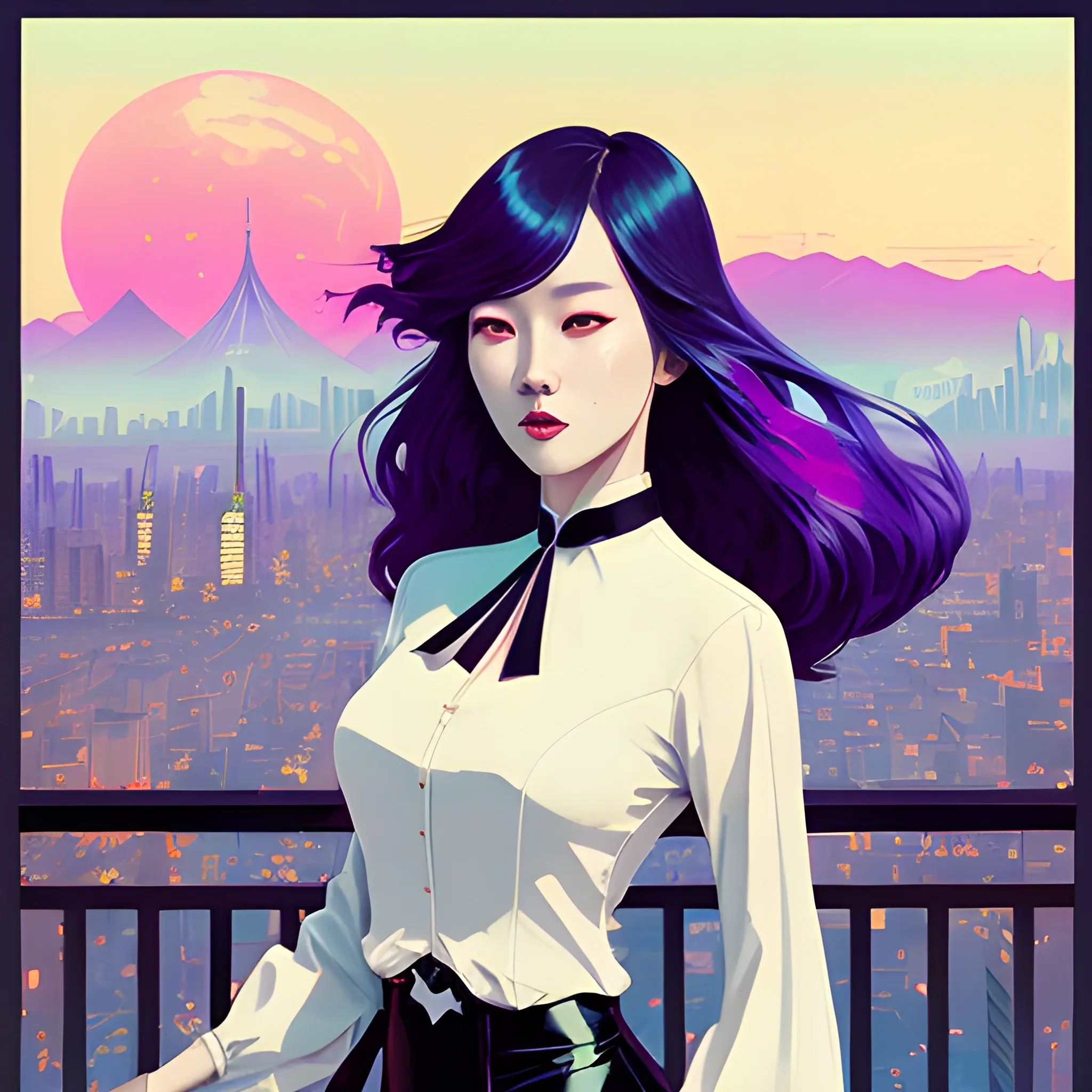 Art Nouveau painting, SYNTHWAVE colors,  true aesthetics, stylish fashion shot of a beautiful korean woman posing in front of a psychedelic art nouveau style. gothic style korean female, full figure, fit, ellegant tight white shirts, ties, miniskirts,  legs,  choker, long hair, classy,  beautiful faces, manga eyes, open mouth, postapocaliptic city in the background, art by Greg Rutkowski, acrylic, high contrast, colorful polychromatic, ultra detailed, ultra quality, CGSocietyHighly detailed, highest quality