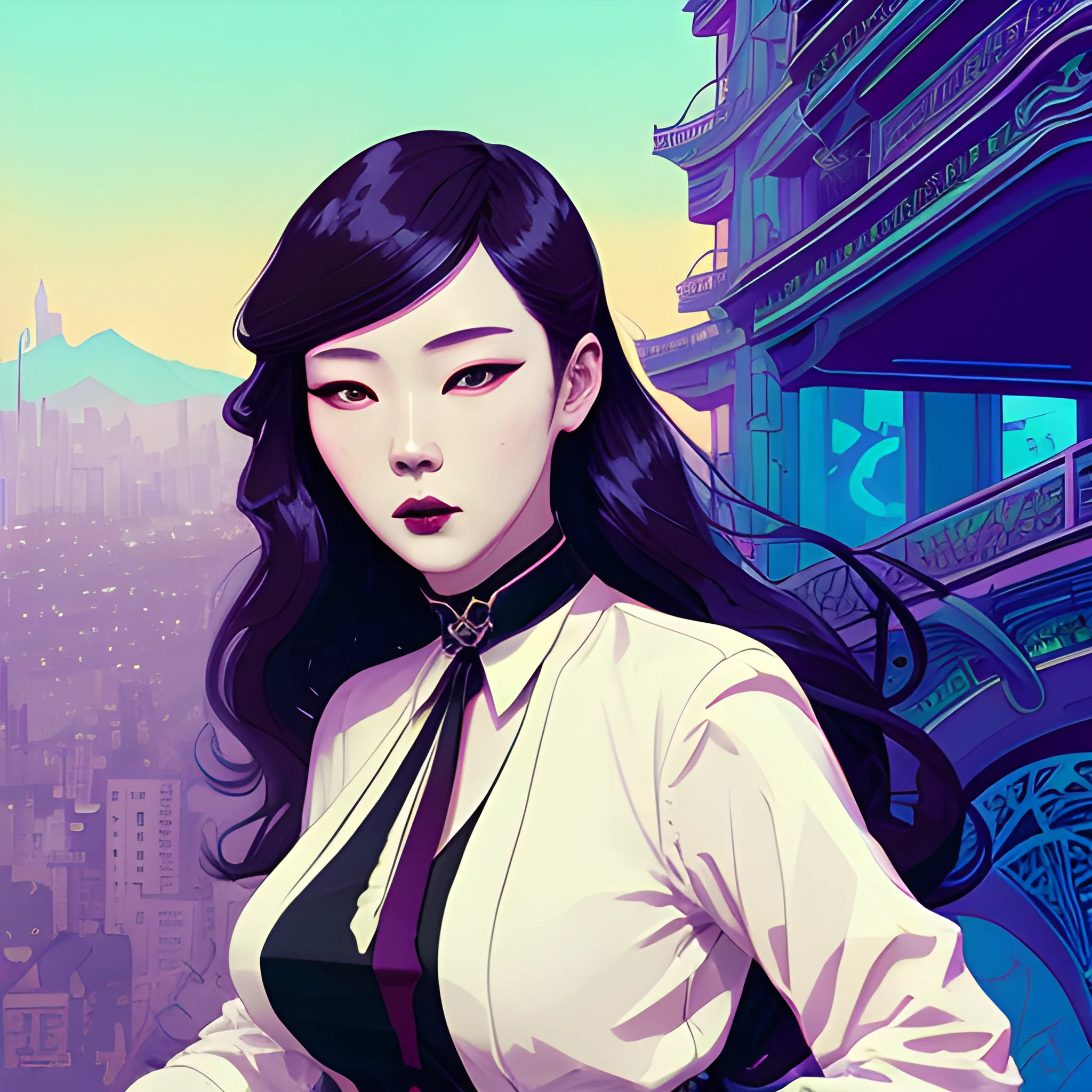 Art Nouveau painting, SYNTHWAVE colors,  true aesthetics, stylish fashion shot of a beautiful korean woman posing in front of a psychedelic art nouveau style. gothic style korean female, full figure, fit, ellegant tight white shirts, ties, miniskirts,  legs,  choker, long hair, classy,  beautiful faces, manga eyes, open mouth, postapocaliptic city in the background, art by Greg Rutkowski, acrylic, high contrast, colorful polychromatic, ultra detailed, ultra quality, CGSocietyHighly detailed, highest quality