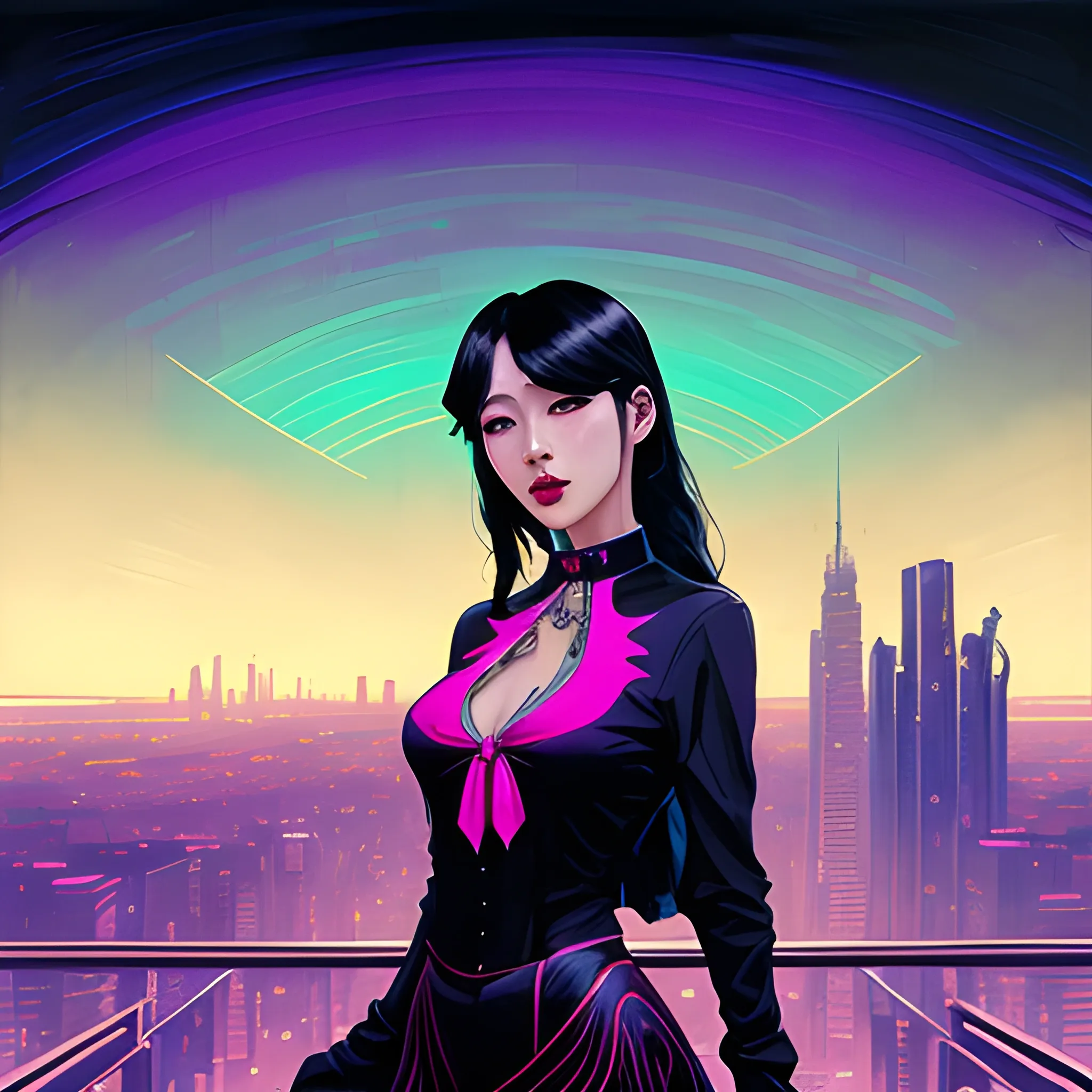 Art Nouveau painting, SYNTHWAVE colors,  true aesthetics, stylish fashion shot of a beautiful korean woman posing in front of a psychedelic art nouveau style. gothic style korean female, full figure, fit, ellegant tight white shirts, ties, miniskirts,  legs,  choker, long hair, classy,  beautiful faces, manga eyes, open mouth, postapocaliptic city in the background, night, art by Greg Rutkowski, acrylic, high contrast, colorful polychromatic, ultra detailed, ultra quality, CGSocietyHighly detailed, highest quality