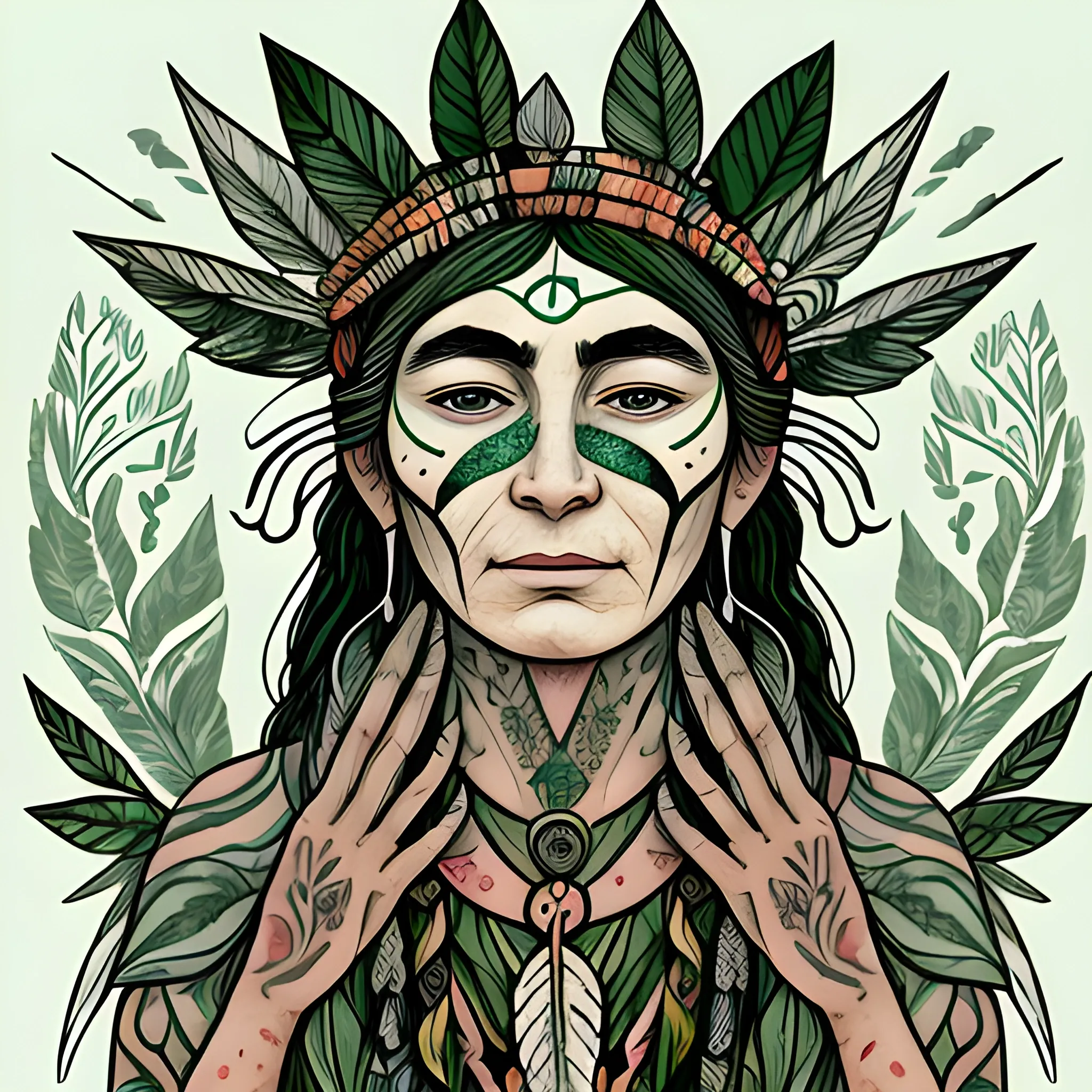 t-shirt design, a cartoon of a
woman with tree branches on
her face, in the style of cristina
mcallister, detailed flora and
fauna, idealized native
americans, atmospheric color
washes, lith printing, indigo and
green, tattoo, white backgroundA full psychedelic image of gratitude, soft and energizing, powerful and beautiful, touching the soul for its healing potential