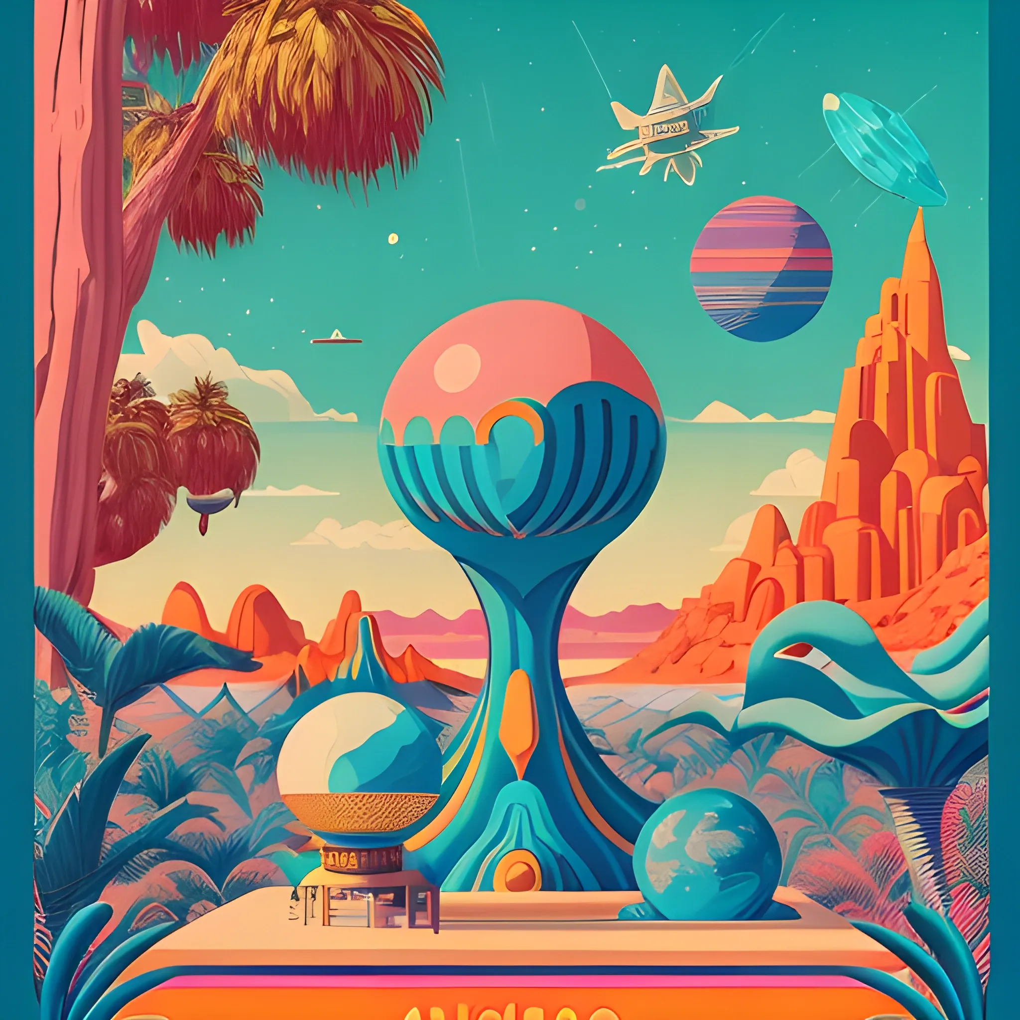 A vintage travel poster depiction of an exotic alien planet, featuring vibrant landscapes and strange flora and fauna. The camera angle is a medium shot, capturing the planet's distinctive features while keeping the focus on the intricate details of the alien world. The color palette is rich and multicolor, invoking a sense of wonder and otherworldliness. The poster is designed in an art deco style, combining bold geometric shapes with intricate patterns. This image is a playful and imaginative representation of intergalactic travel, perfectly blending nostalgia and futuristic elements., (high quality), (detailed), (masterpiece), (best quality), (highres), (extremely detailed), (8k)