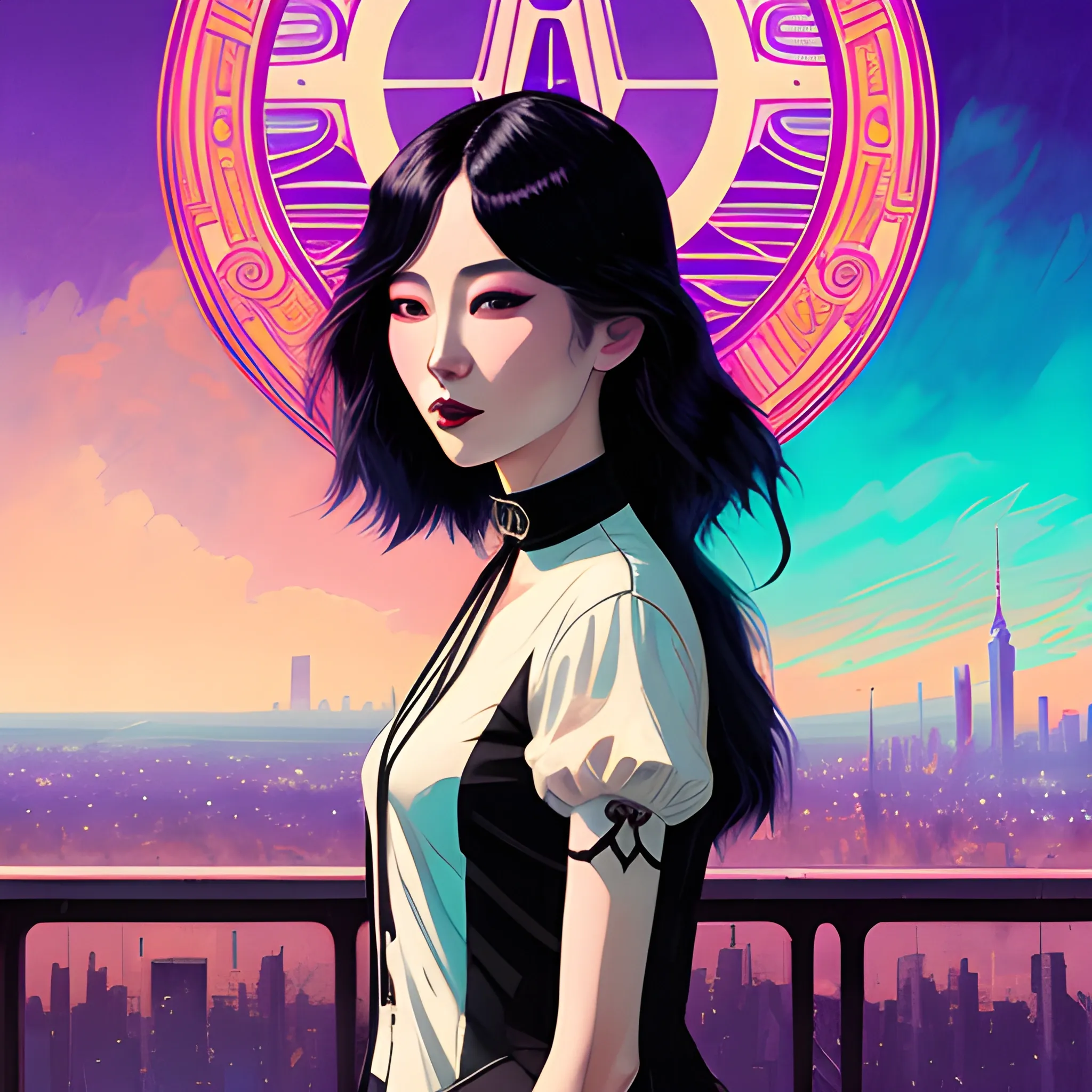 Art Nouveau painting, SYNTHWAVE colors,  true aesthetics, stylish fashion shot of a beautiful korean woman posing in front of a psychedelic art nouveau style. gothic style korean female, full figure, fit, ellegant tight white shirts, ties, miniskirts,  legs,  choker, long hair, classy,  beautiful faces, manga eyes, open mouth, postapocaliptic city in the background, dark night, art by Greg Rutkowski, acrylic, high contrast, colorful polychromatic, ultra detailed, ultra quality, CGSocietyHighly detailed, highest quality