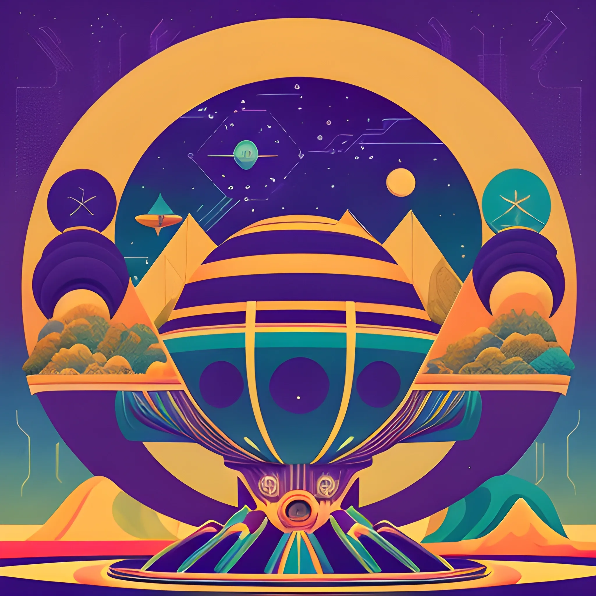  vintage travel poster depiction of an exotic alien planet at night with a staring sky featuring vibrant landscapes and strange flora and fauna. The camera angle is a medium shot, capturing the planet's distinctive features while keeping the focus on the intricate details of the alien world. The color palette is rich and multicolor, invoking a sense of wonder and otherworldliness. The poster is designed in an art deco style, combining bold geometric shapes with intricate patterns. This image is a playful and imaginative representation of intergalactic travel, perfectly blending nostalgia and futuristic elements., (high quality), (detailed), (masterpiece), (best quality), (highres), (extremely detailed), (8k)

