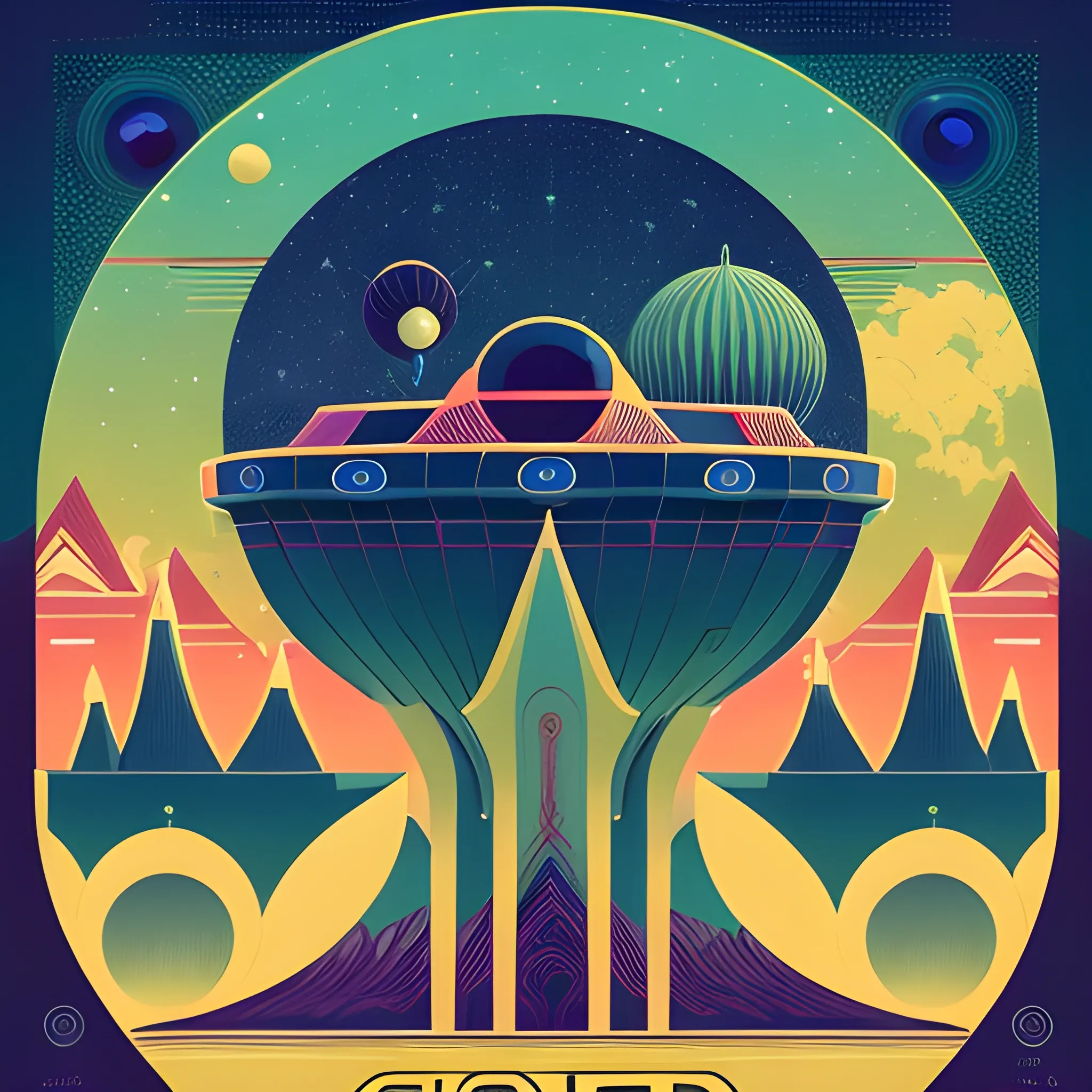  vintage travel poster depiction of an exotic alien planet at night a staring sky, featuring vibrant landscapes and strange flora and fauna. The camera angle is a medium shot, capturing the planet's distinctive features while keeping the focus on the intricate details of the alien world. The color palette is rich and multicolor, invoking a sense of wonder and otherworldliness. The poster is designed in an art deco style, combining bold geometric shapes with intricate patterns. This image is a playful and imaginative representation of intergalactic travel, perfectly blending nostalgia and futuristic elements., (high quality), (detailed), (masterpiece), (best quality), (highres), (extremely detailed), (8k)

