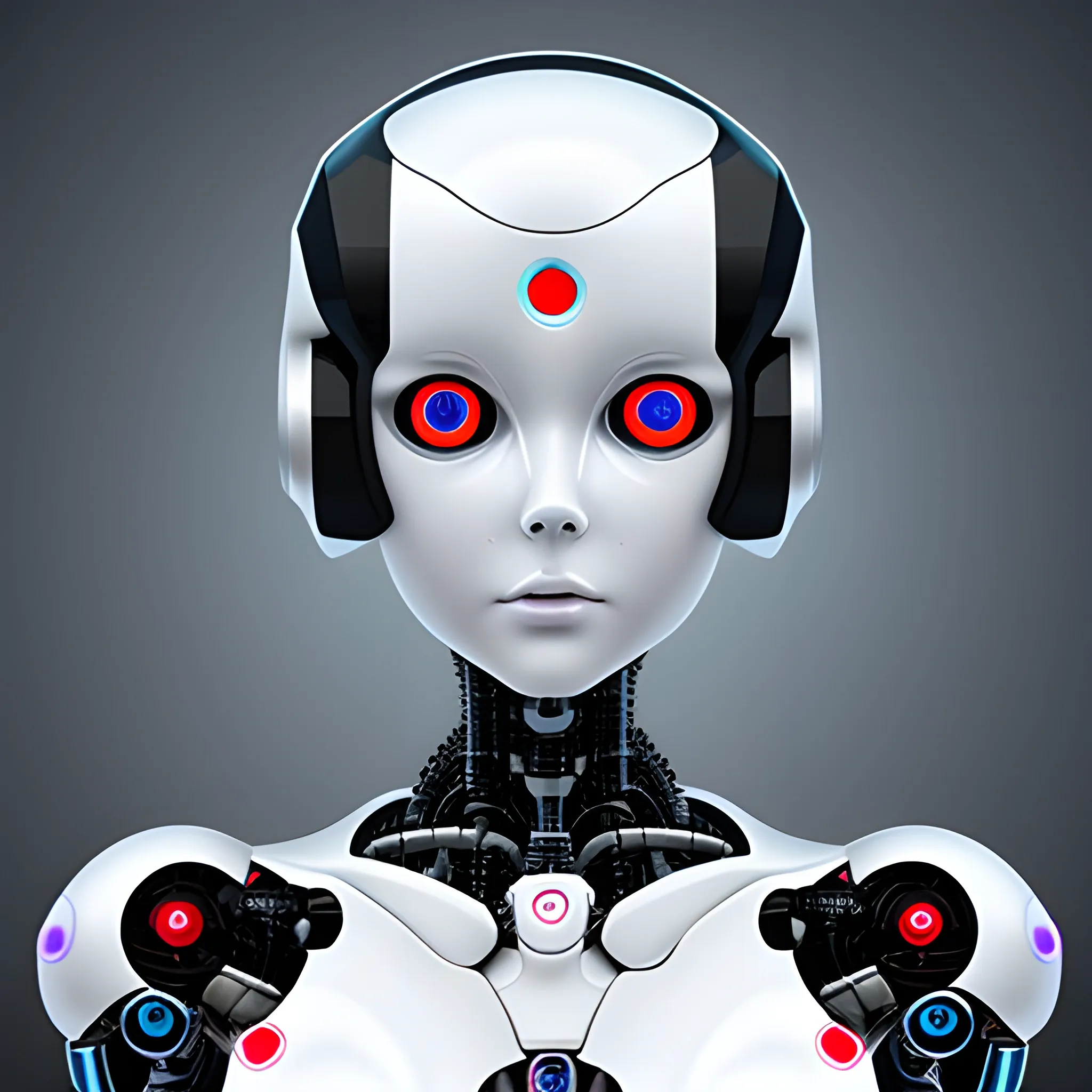 a robot with female body, human appearance, real human face, real human hair, real human eyes
 Trippy, 3D