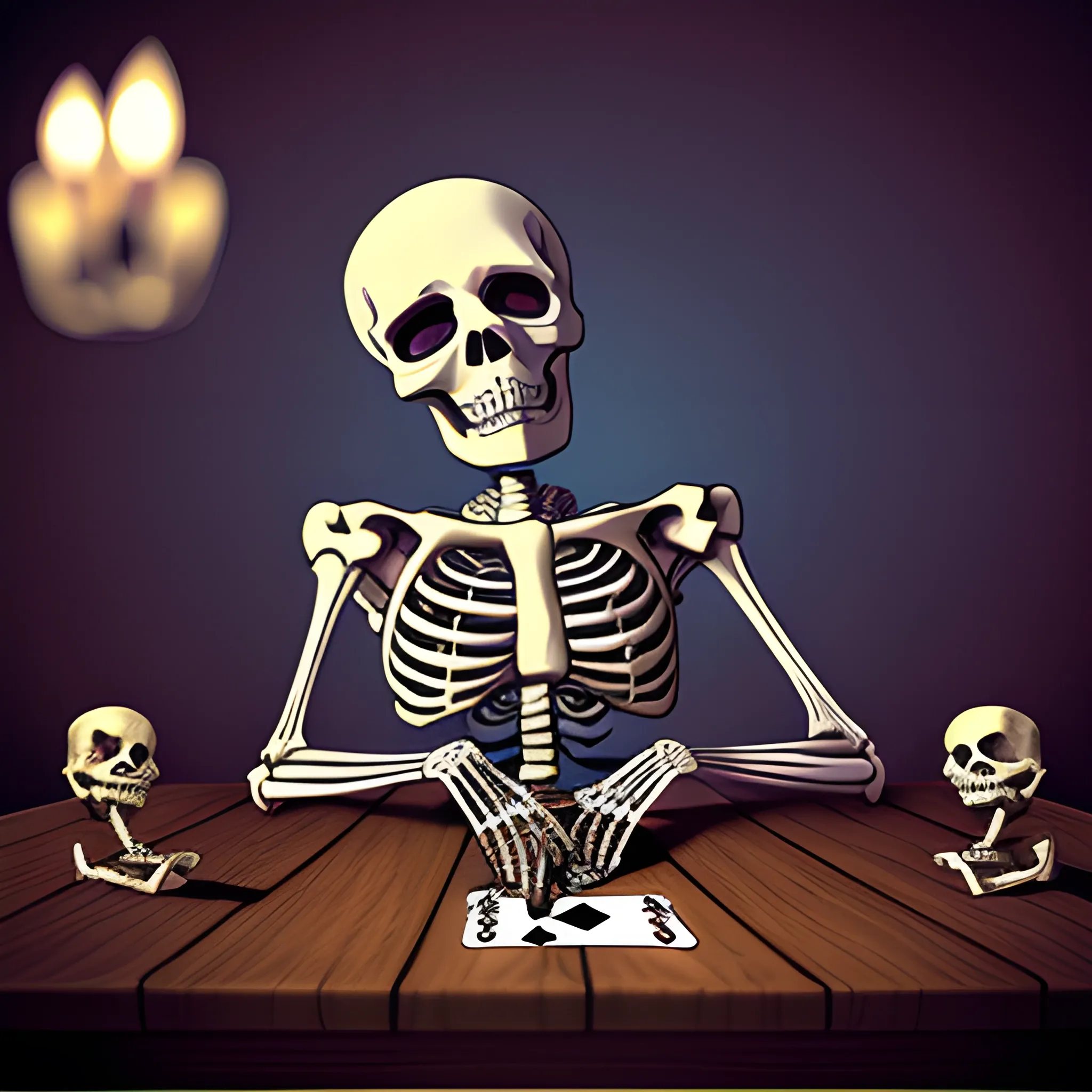 a skeleton playing cards over an imaginary table, Trippy