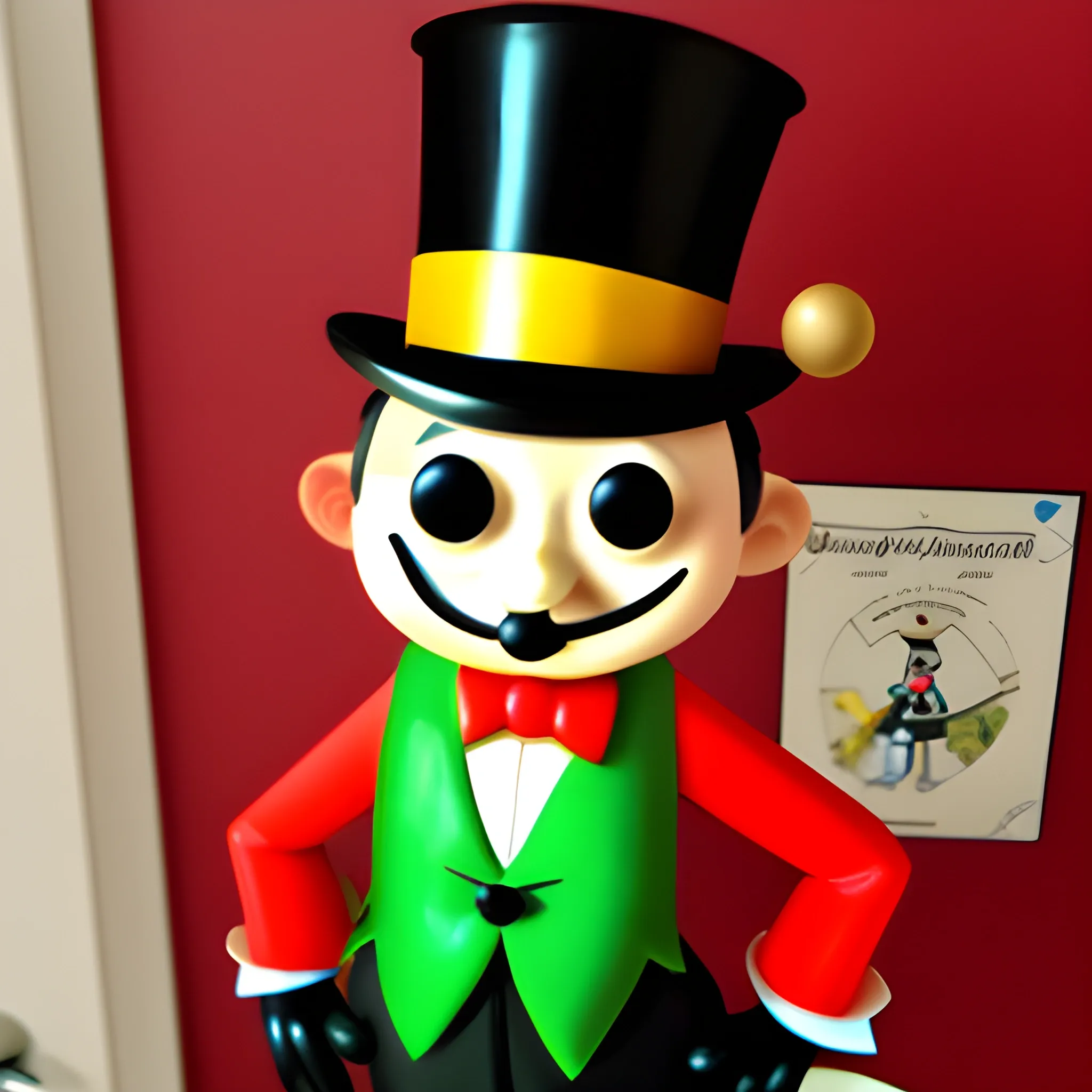 Jiminy Cricket from Pinocchio dressed as Mr. Monopoly. Disney like Cartoon, friendly, cute