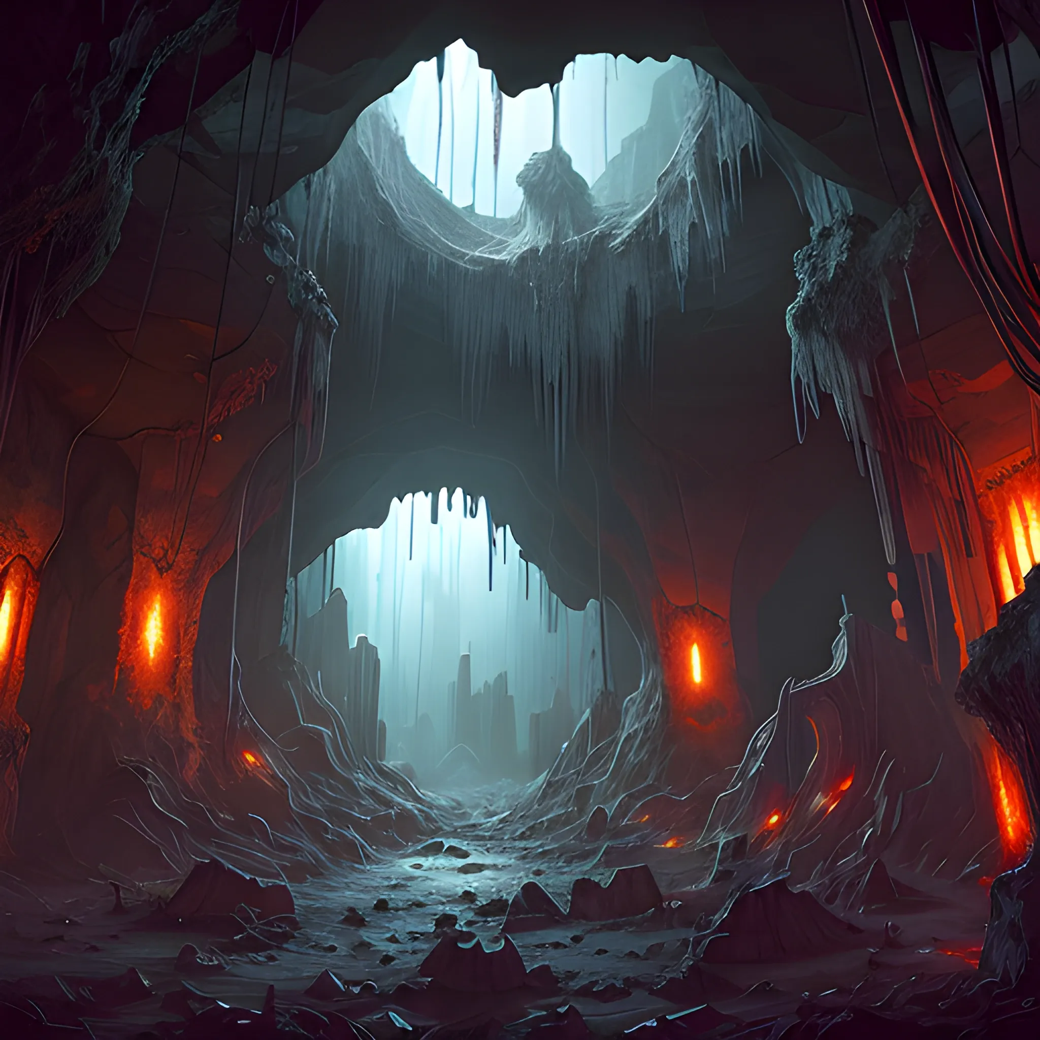 ancient abandoned crumbling scifi cavernous artificial cave with wires, stalactites, completely destroyed, dark fantasy, sparks,  Artstation, dark and moody lighting, digital art, Similar to Abergavenny, Sid Mead inspired, Dnd