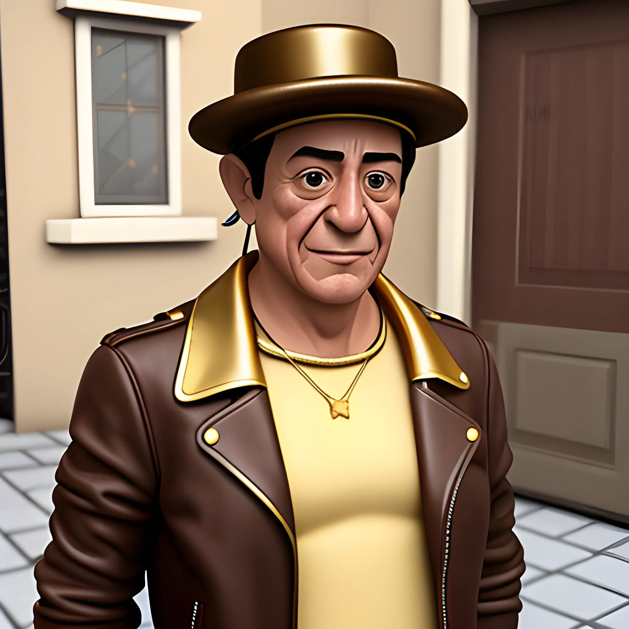 Create the character Chaves from the Chespirito series with a modern look with a leather jacket and gold cord around the neck, ultra realistic, full body