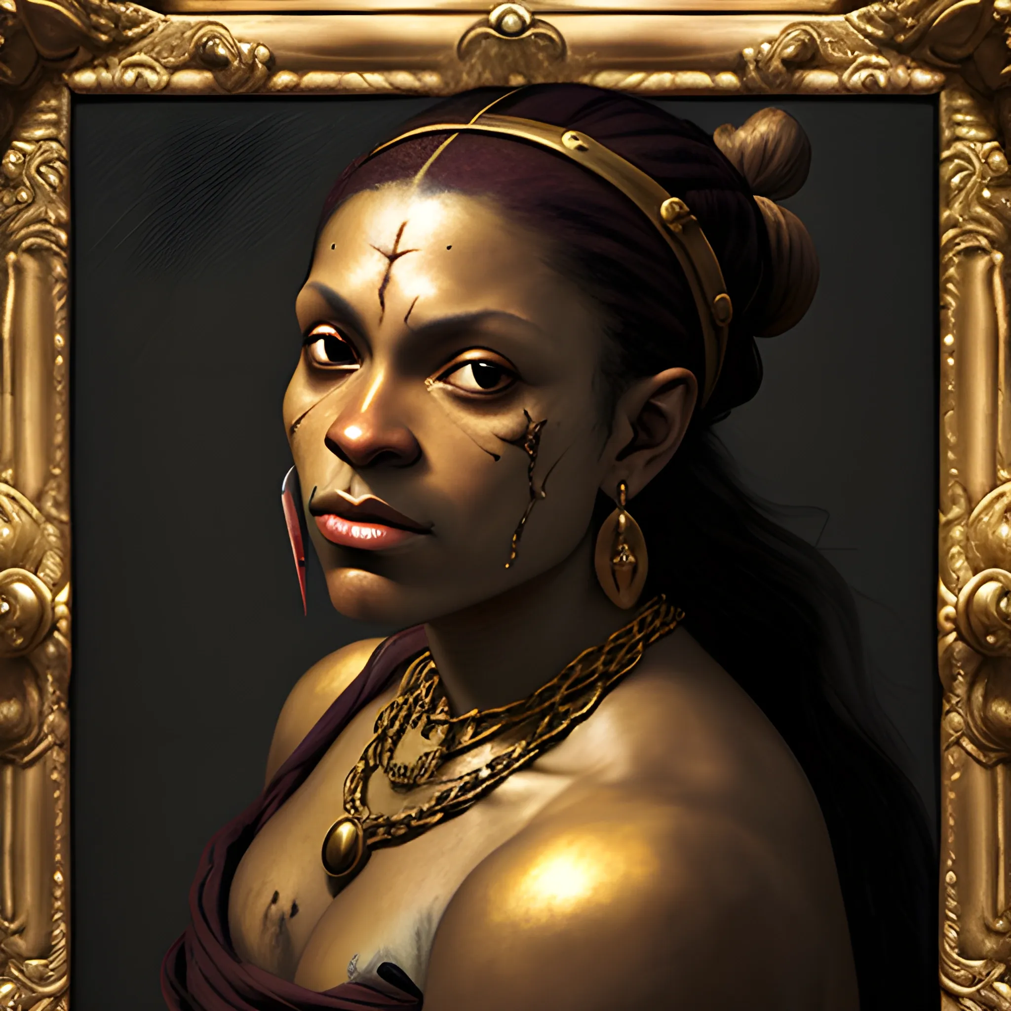 Renaissance portrait of a battle scarred mischievous brown skinned pirate woman, dnd, gold jewelry, in a dark room, painterly, textured, medieval, fantasy, In the style of Caravaggio, fish features, scarred