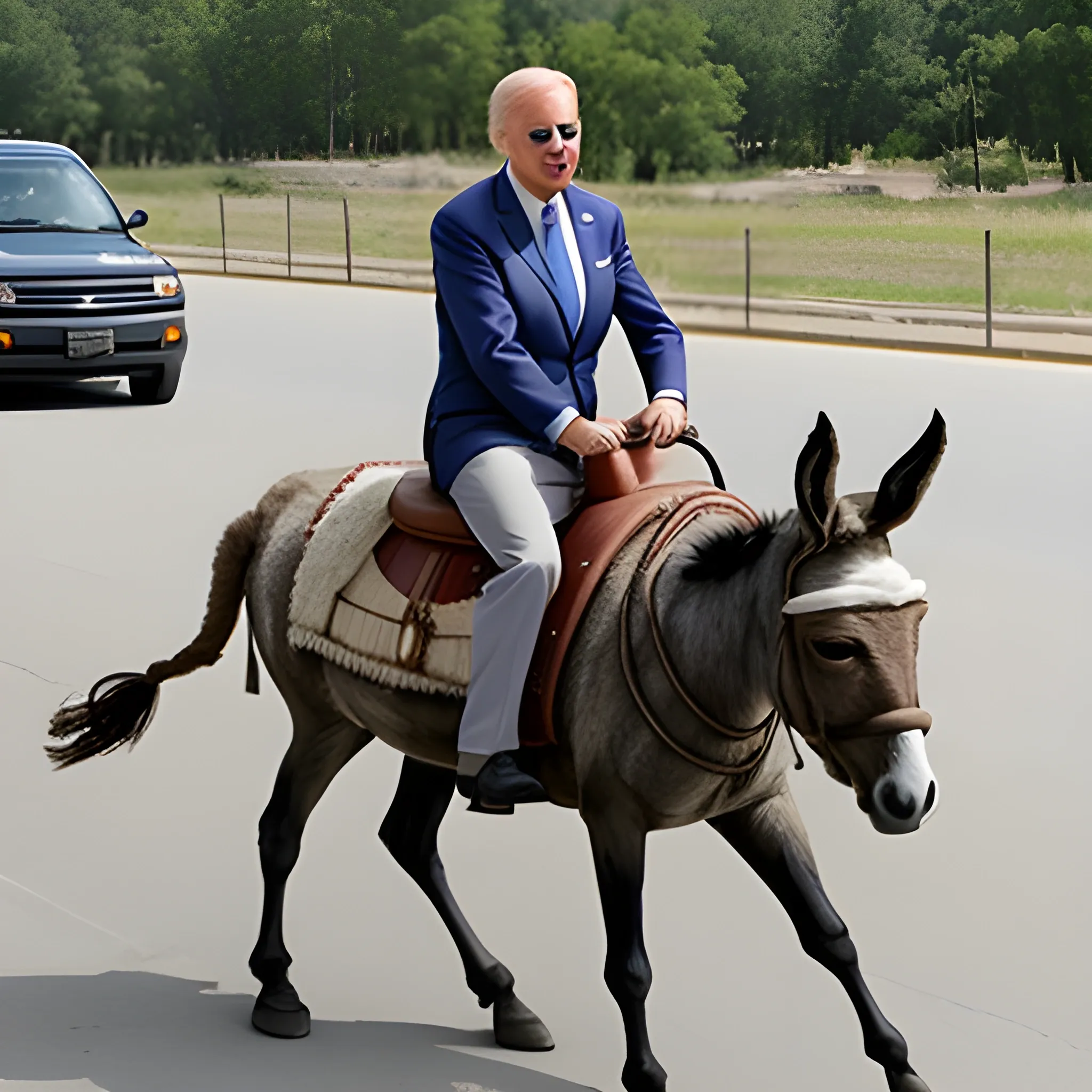 Joe Biden riding a donkey on a hiway