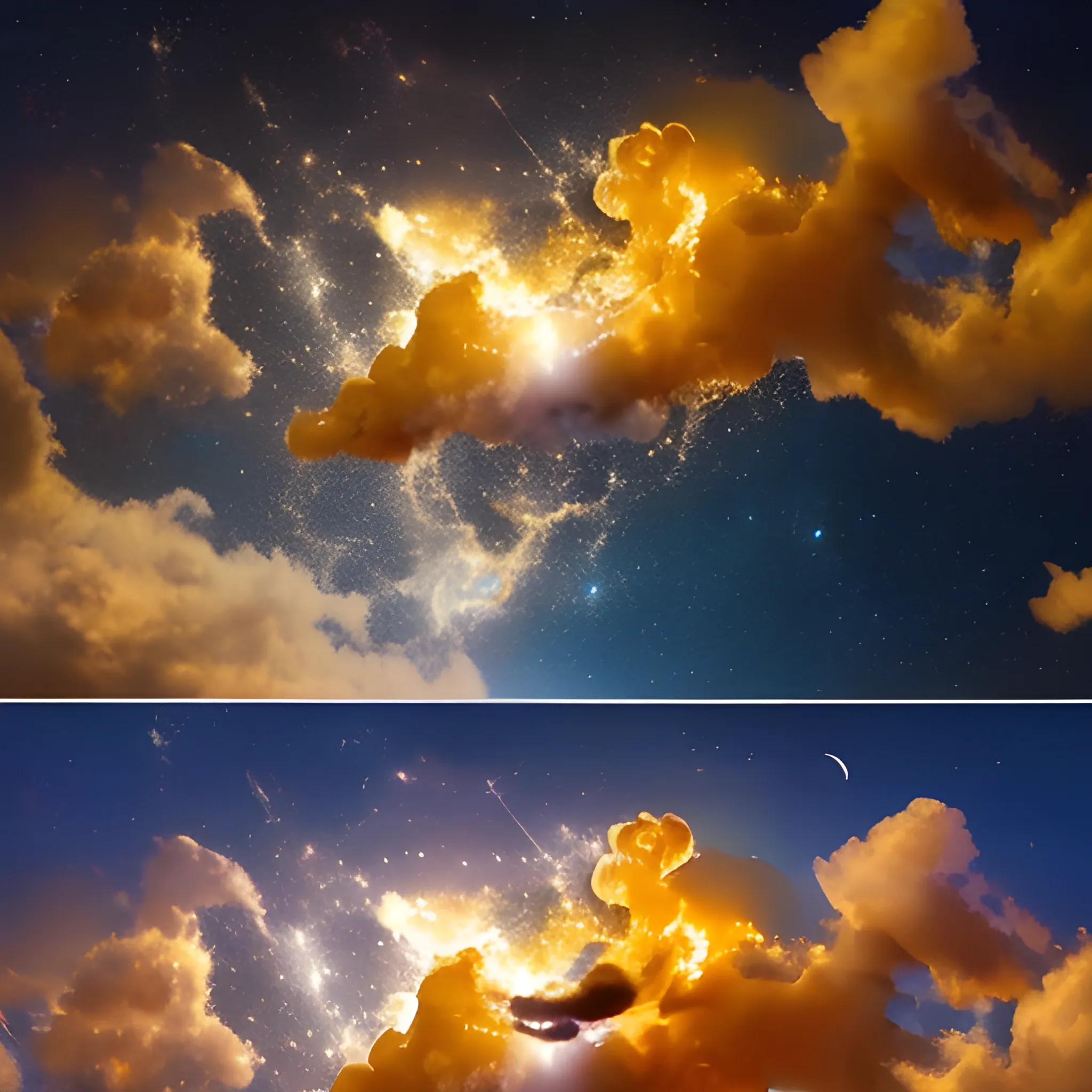 Una escena celestial con Metatrón rodeado de una nube de luz dorada y blanca.